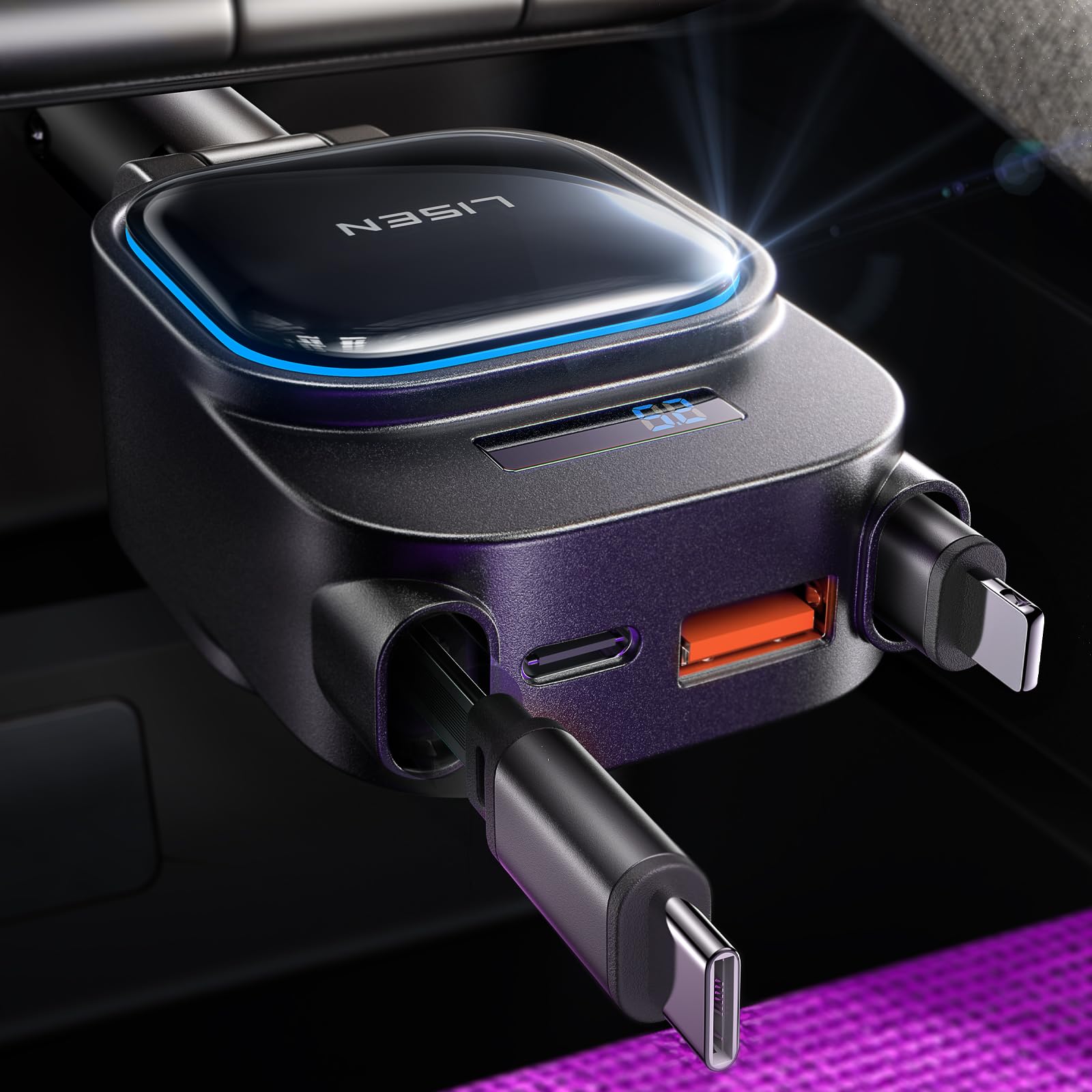 LISEN 96W Fast Charging Retractable Car Charger[USB C Cable & L Cable], 4 in 1 Retractable Car Charger Fast Charging Car Charger for iPhone 17 Pro Max 16 15 14 13, Samsung Galaxy S25/24,Black