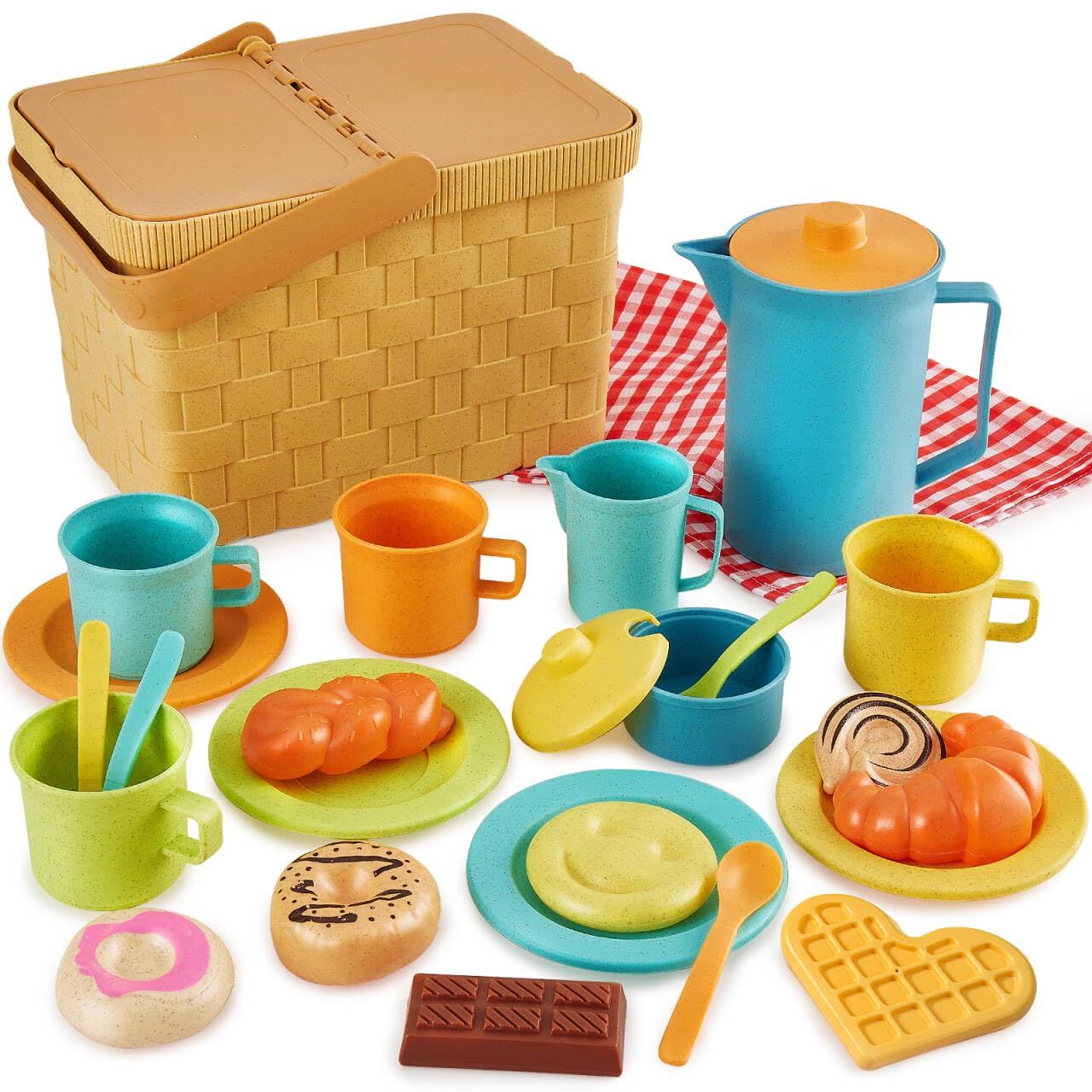 HERSITY Picnic Basket Toys for Toddlers, Kids Play Tea Sets with Teapot Tea Cup Dessert Food and Mat, Pretend Play Kitchen Accessories Tea Party Set Little Girl Boy Age 3 4 5