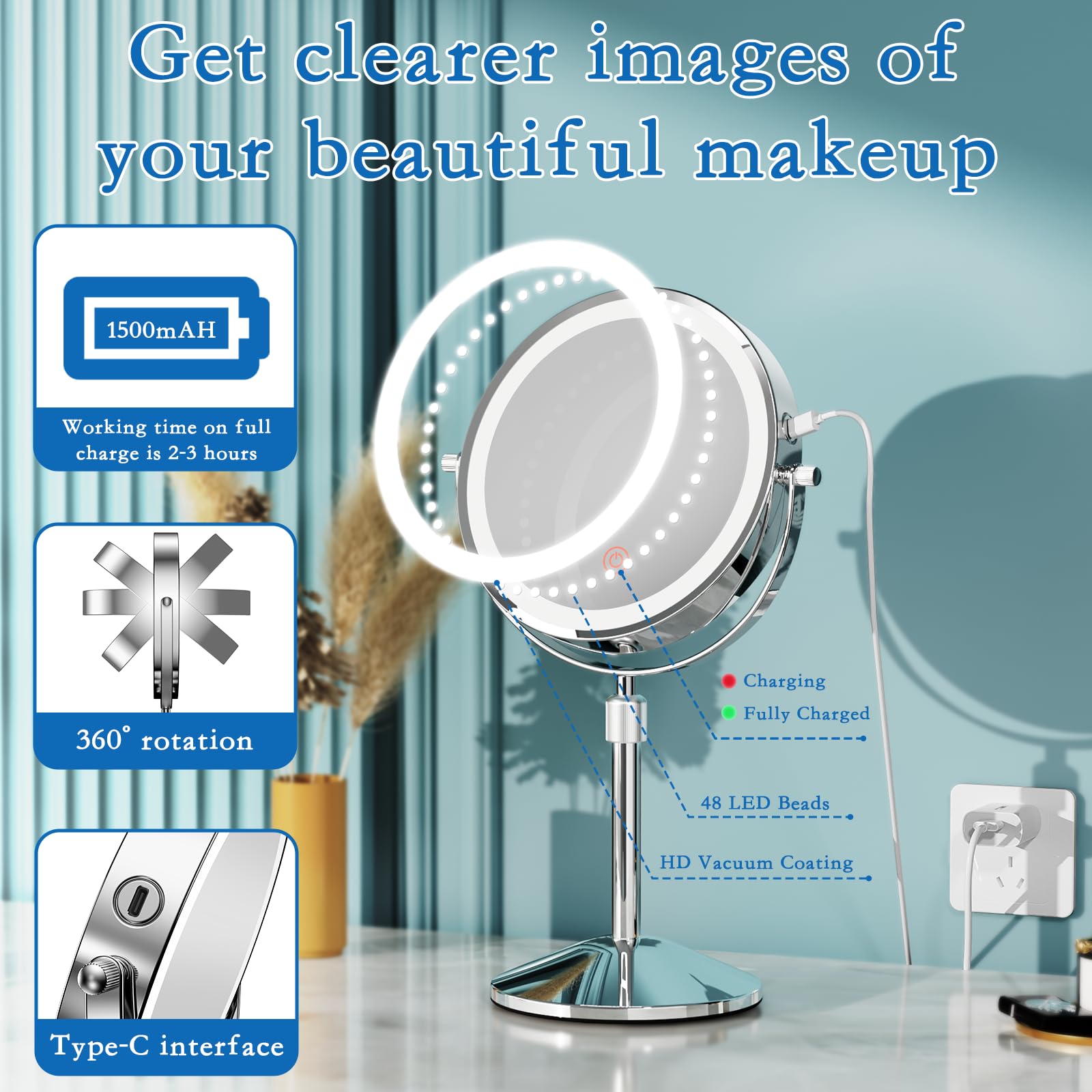 Niuphia Vanity Mirror with Lights 7" Rechargeable 1x/10x Lighted Makeup Mirror Adjustable Height Double Sided Mirror with Lights 360°Rotating Makeup Mirror