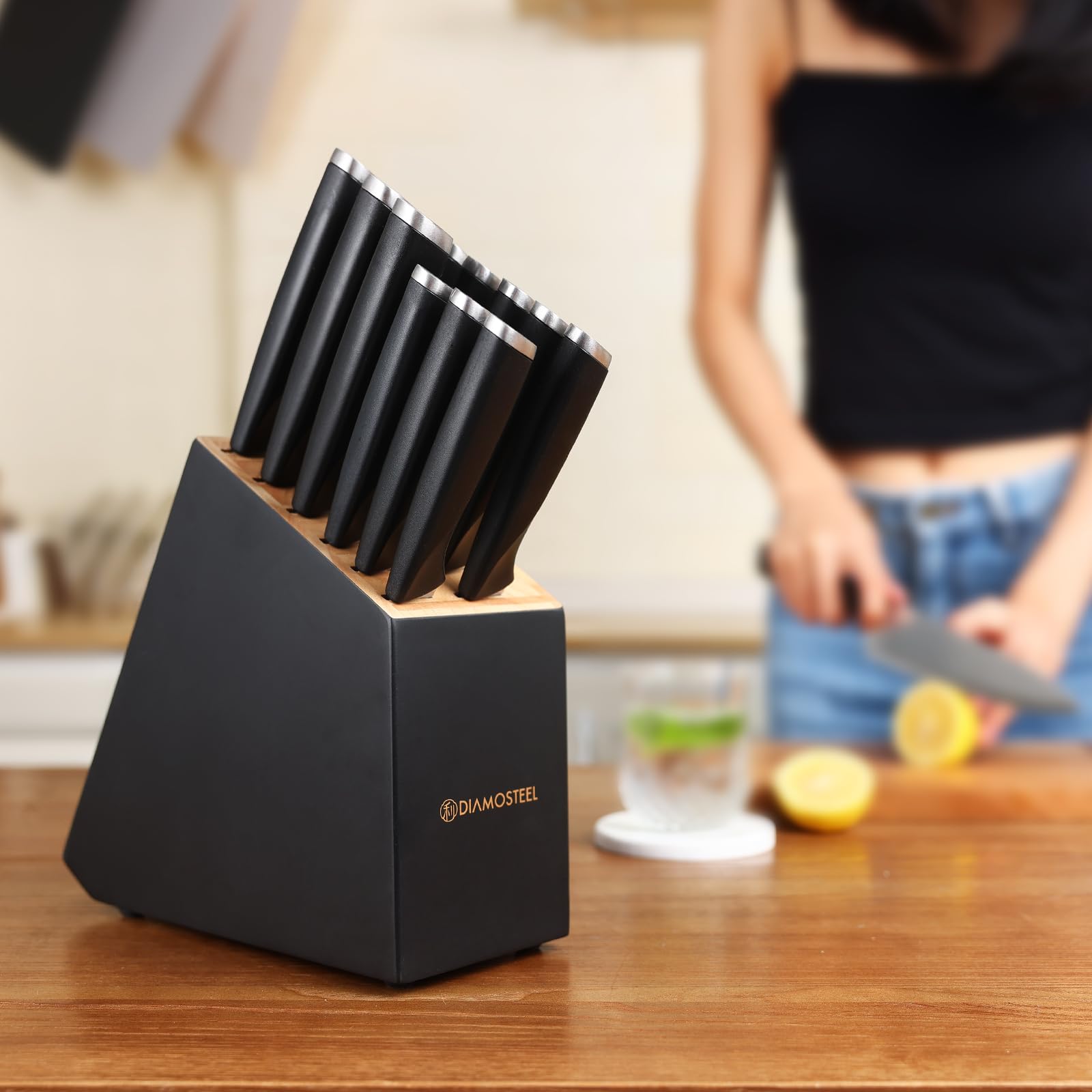 diamosteel 13 Pieces Black Knife Block Set with Built-in Sharpener Scissors for Kitchen Meat & Vegetable Cutting, Present for Family & Restaurant