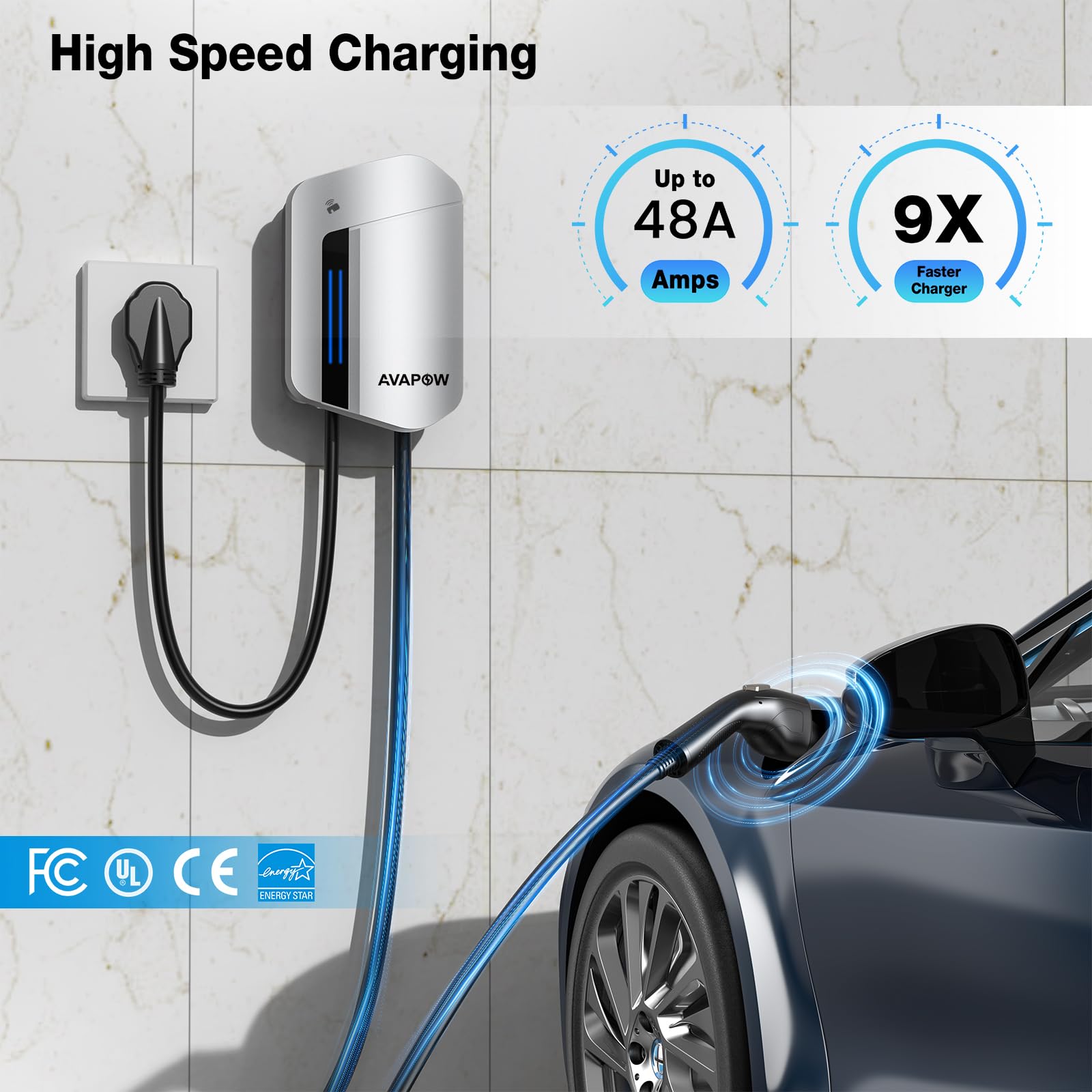 AVAPOW Level 2 EV Charger, Up to 48amp with App Control, 25ft Wall Electric Vehicle Charging, Set Current, Delay Charging, RFID Unlocking, NEMA 14-50 Plug, Electric Car Charger Fit for J1772 EVs