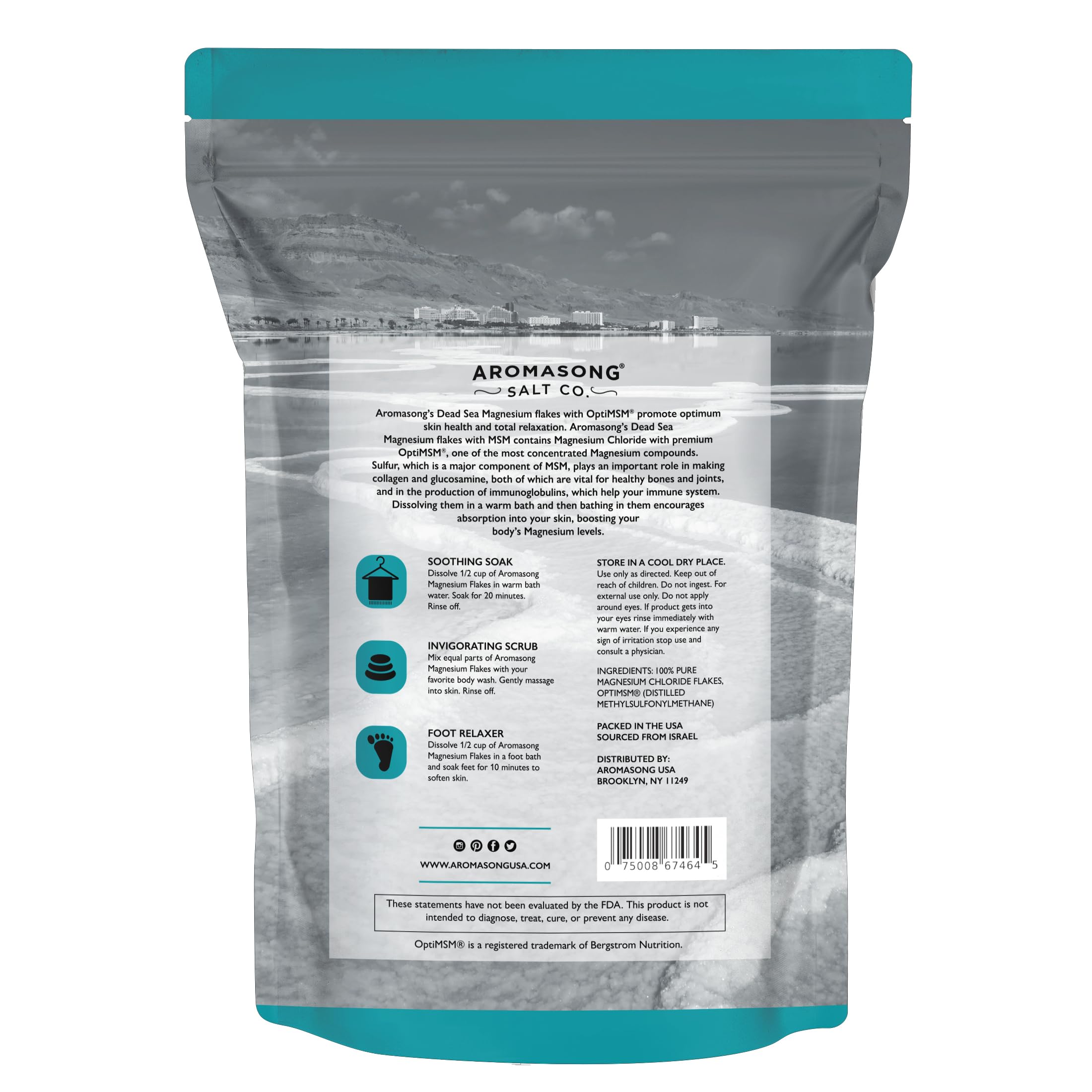 Aromasong RAW Magnesium Flakes + OptiMSM for Soaking 3 LB Resealable Pack - Muscle Relaxing Organic Bath Salts Magnesium Chloride Flakes, Mineral Soak.