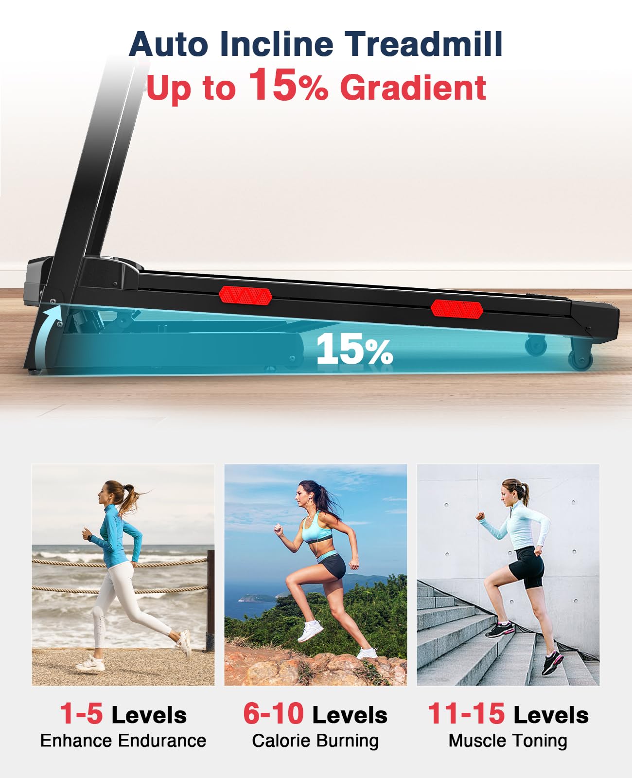 Redliro Treadmill with 15% Auto Incline - 350 lbs Capacity Foldable Running 3.0HP Treadmill for Home - Adjustable Handrail Height - APP & Voice Control - Bluetooth Speaker (Glossy Black)