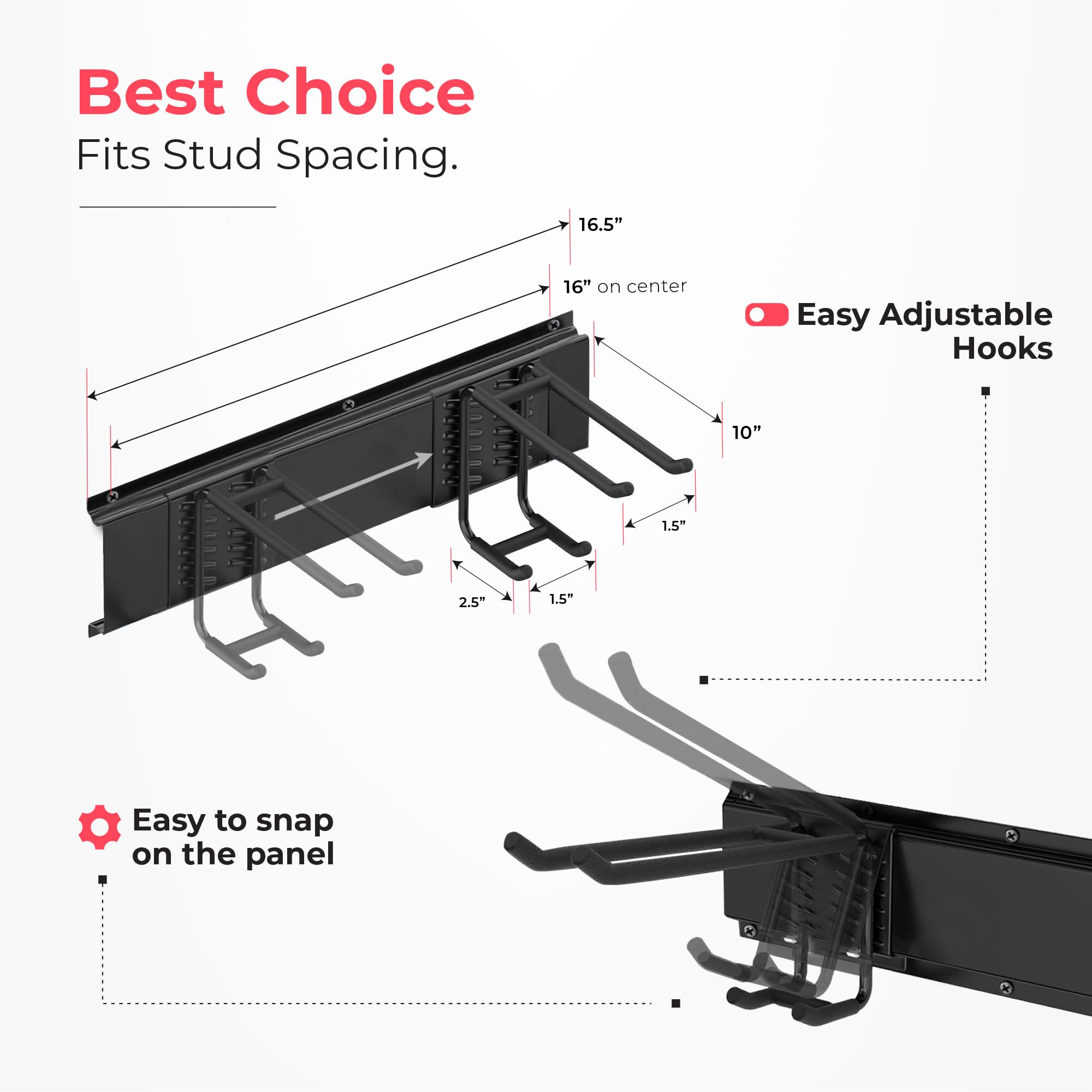 TIDYME Garage Wall Organizer | 48" Heavy-Duty Tool Storage Rack | Adjustable Double-Layer Hooks | 300 lbs Capacity | Carbon Steel Wall Mount Holder for Shovels, Rakes, Ladders & Power Tools