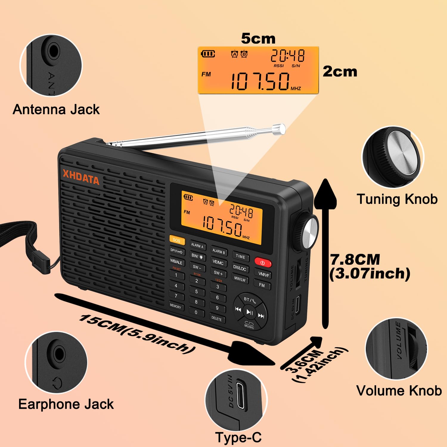 XHDATA D109WB Portable Radio AM/FM/SW/LW/WB Weather Radio Shortwave Radio Receiver with NOAA Alert, Battery Operated Great Sound Wireless BT Mp3 Speaker, SOS Alert Alarm Clock Sleep Function