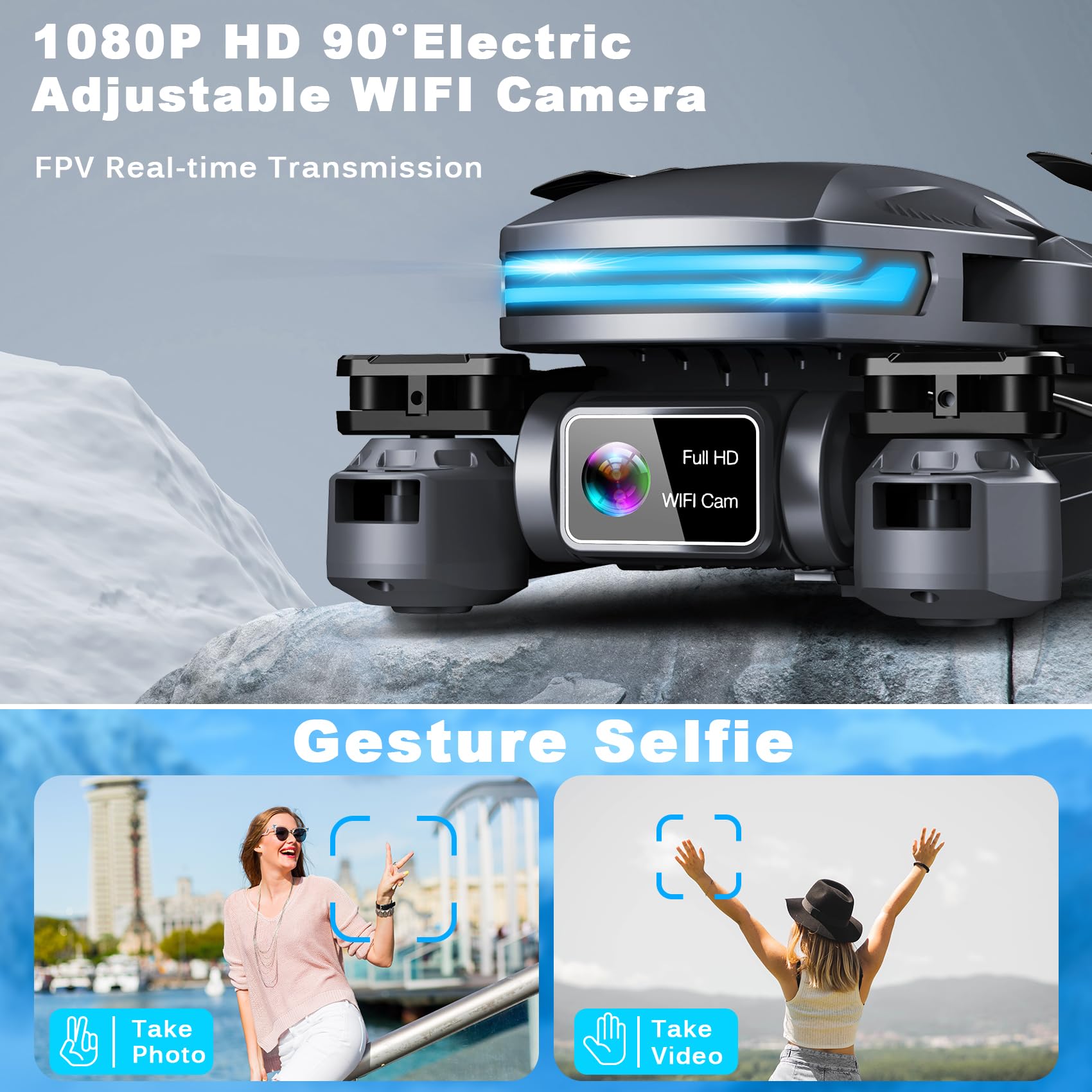 Drone with Camera for Adults, 1080P FPV Drones for kids Beginners with Upgrade Altitude Hold, Voice Control, Gestures Selfie, 90° Adjustable Lens, 3D Flips, 2 Batteries