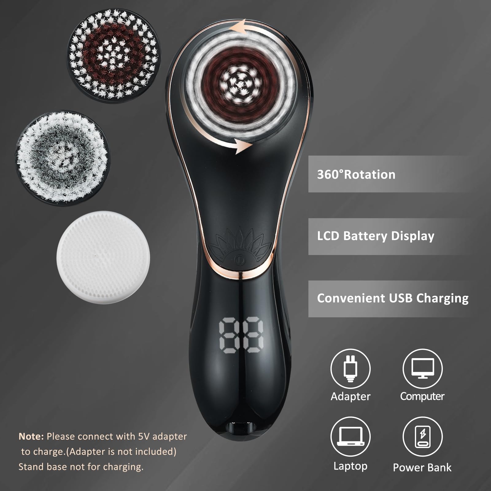 Facial Cleansing Brush Face Scrubber Exfoliator Rechargeable IPX7 Waterproof Electric Spin Cleanser Device for Exfoliating, Massaging and Deep Cleansing Removing Blackhead, Face Massaging