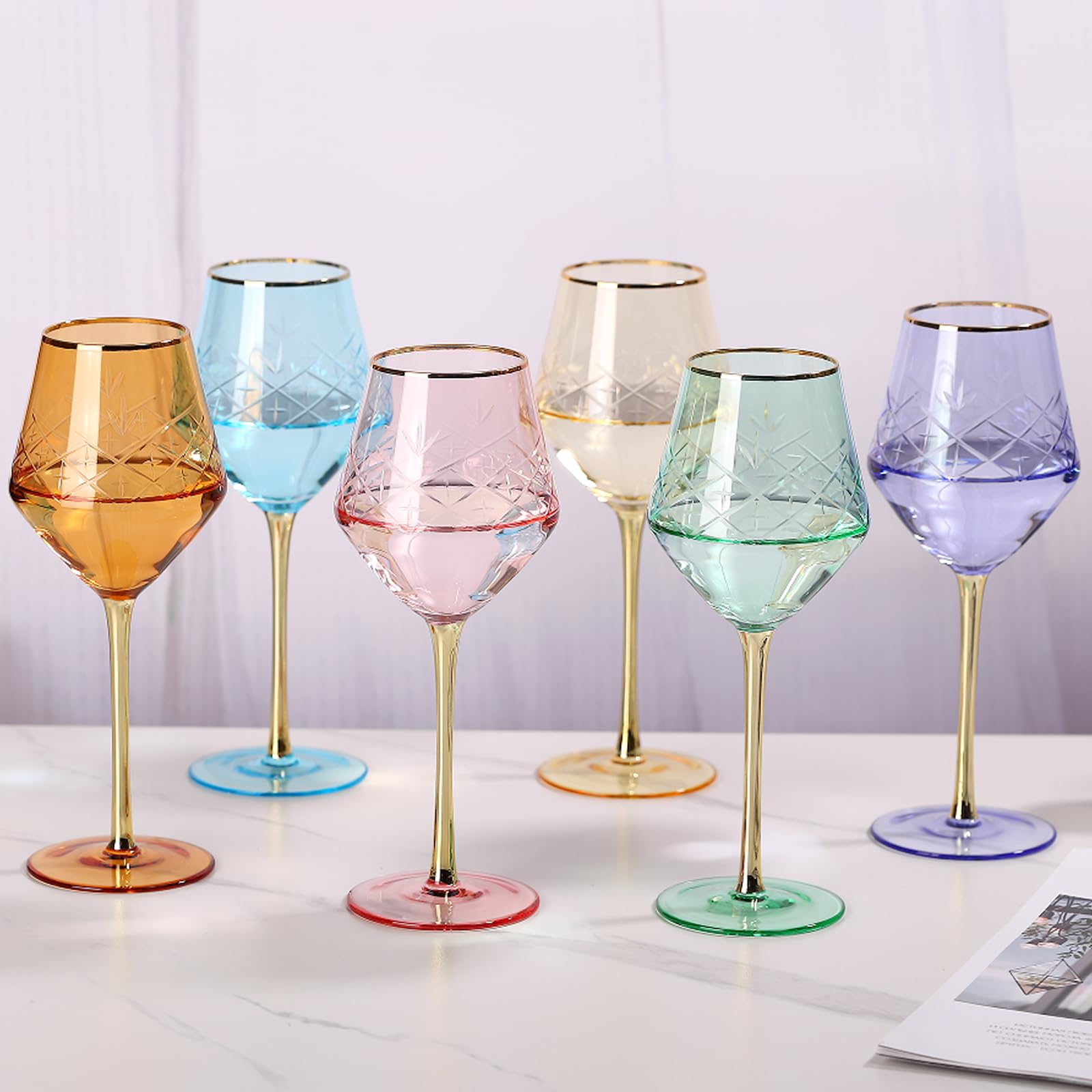 SIPBYSOP Colored Wine Glasses Set of 6 – Gold Rim & Stem, Hand-Blown Etched Glassware, 18oz Crystal Wine Goblets, Multicolor Wine Glasses for Red White Wine Glass