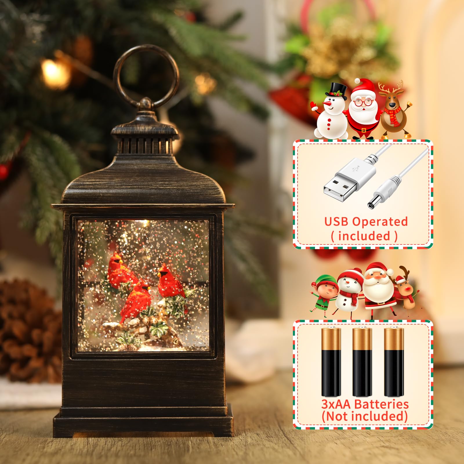 Christmas Snow Globe Lantern 6H Timer-Cardinal Bird in Musical LED Glittering,USB & Battery Operated, Music Box for Christmas Home Décor and Gift Decorations