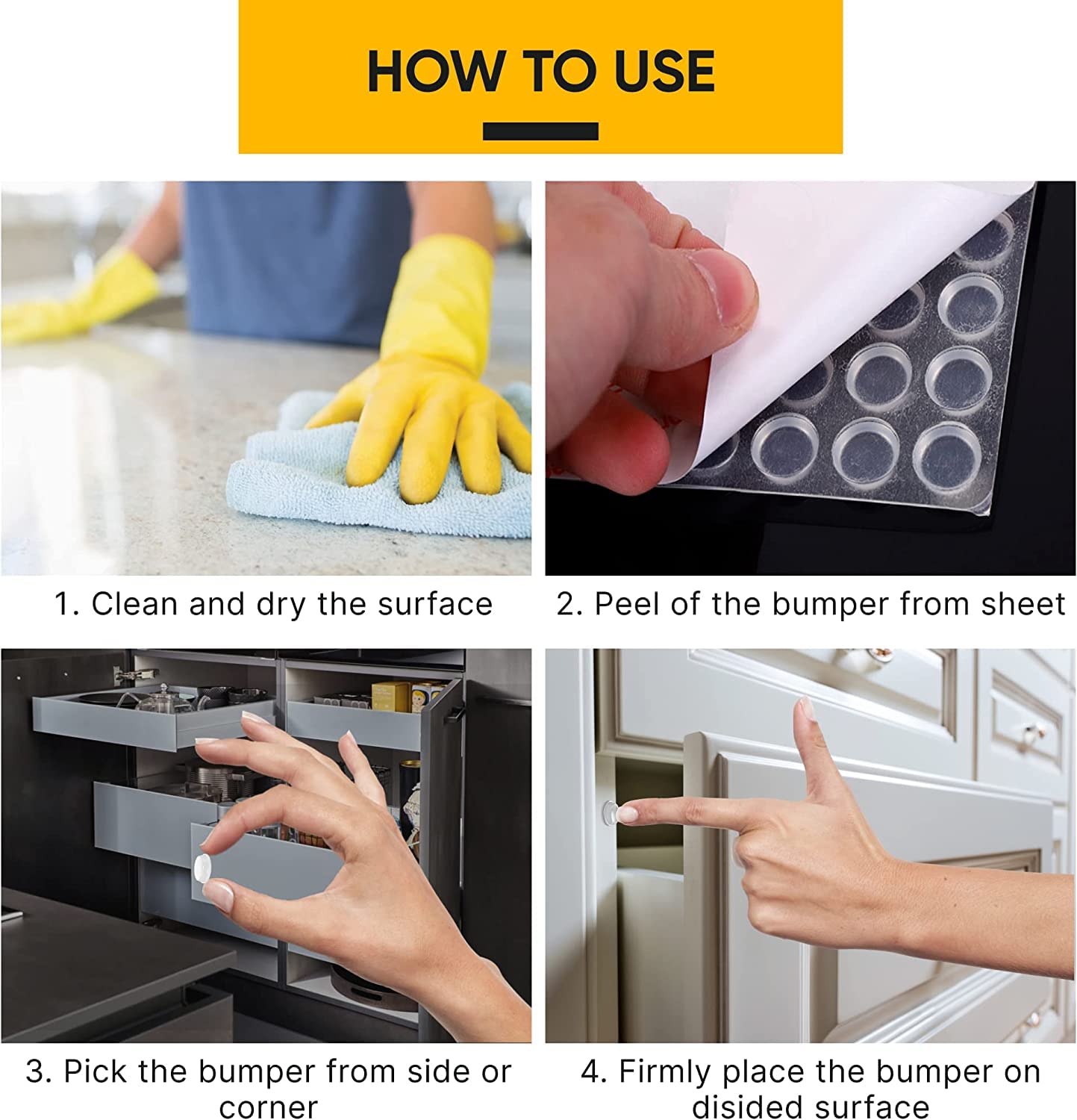 Vellax Cabinet Door Bumpers - Self Adhesive Pads, Cabinet Stoppers, Rubber Bumpers for Drawers, Cupboards, Cutting Boards, Glass Tops, Picture Frames, Kitchen Furniture