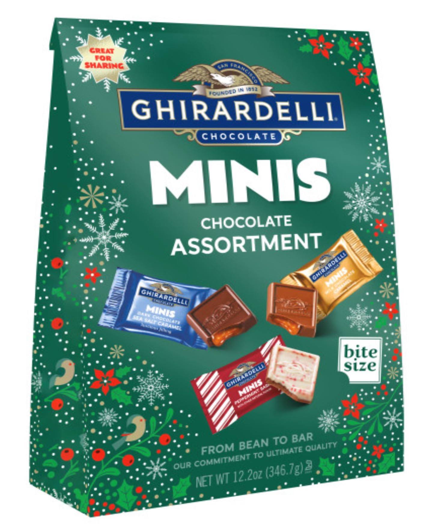 Ghirardelli Holiday Mini's Chocolate Assortment 12.2 Ounce - Milk Chocolate Caramel, Peppermint Bark and Dark Chocolate Sea Salt Caramel