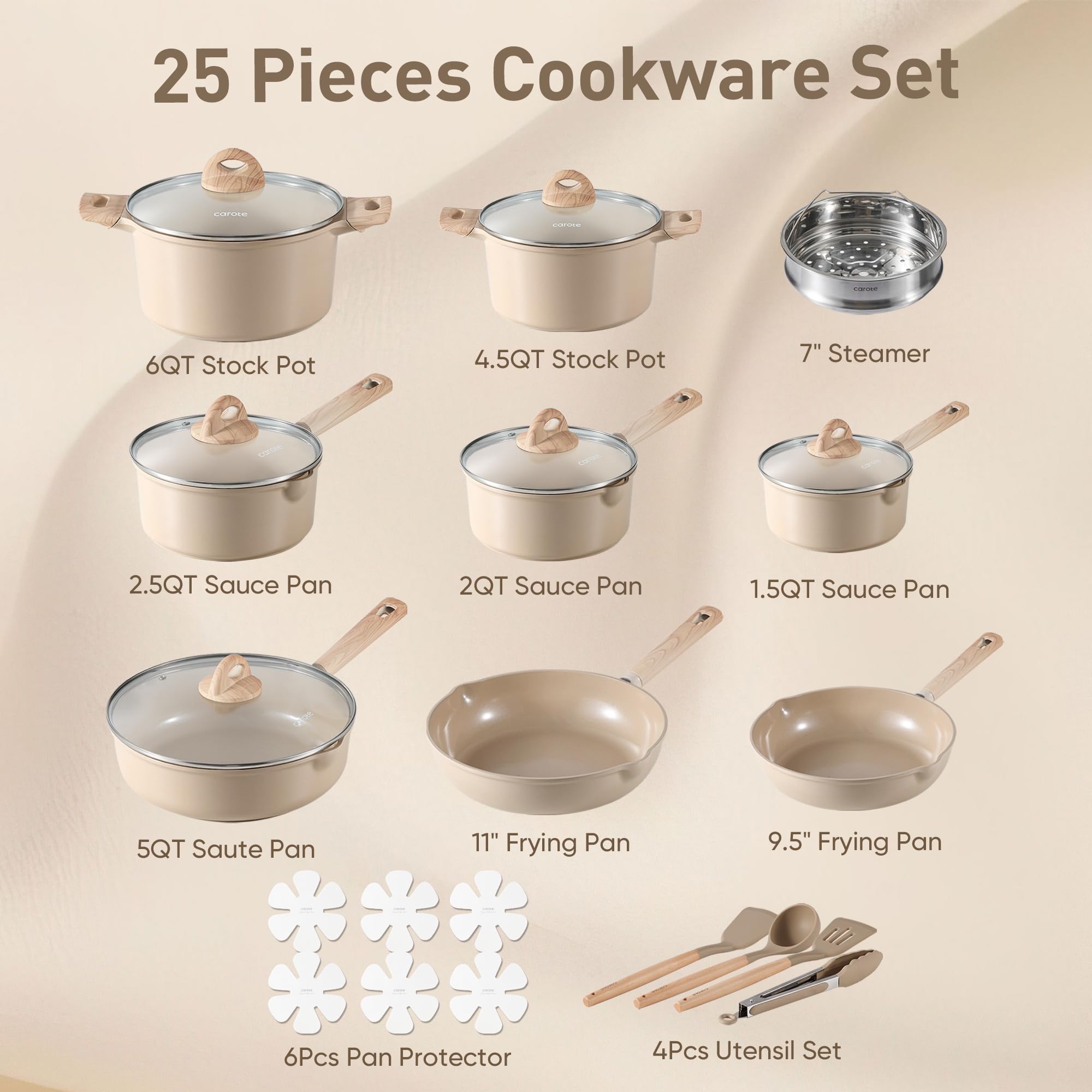 CAROTE 25pcs Ceramic Pots and Pans Set, Healthy Kitchen Cookware Sets, Kitchen Induction Pots and Pans Cooking Sets, Taupe