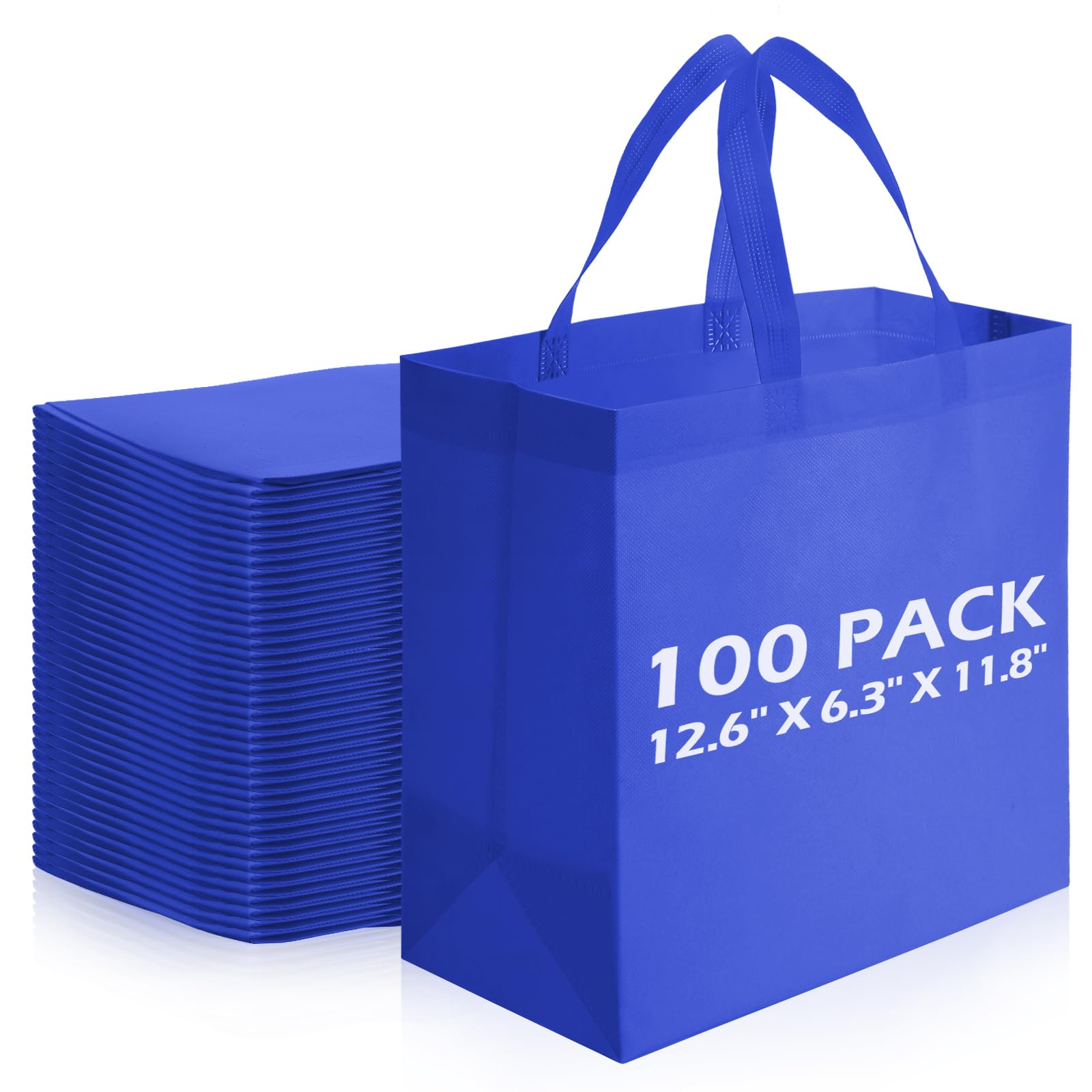 Reginary 100 PCS Reusable Totes Bag Bulk, Non Woven Grocery Handle Bag Portable Bag for Shop Events Retail Store(Blue)