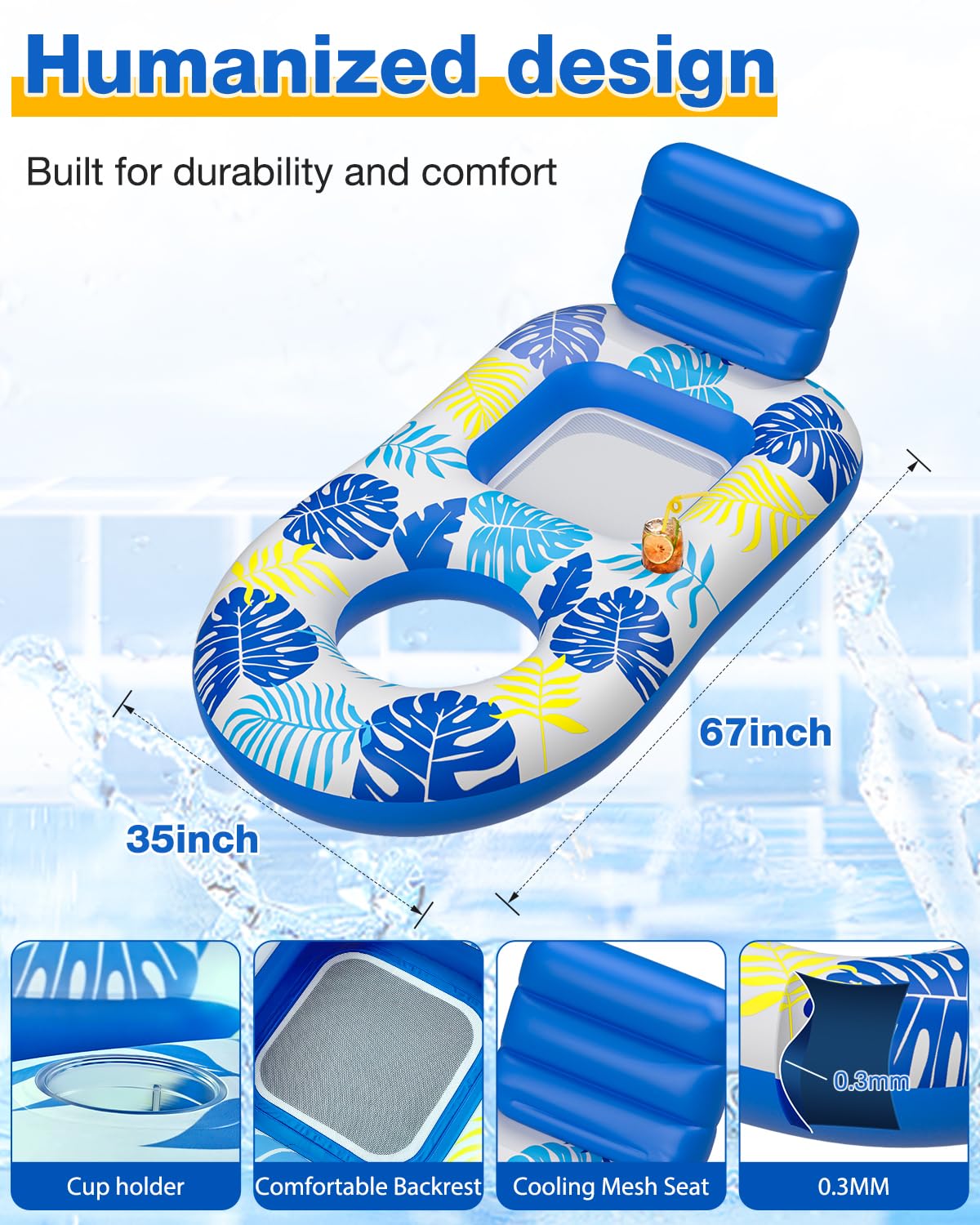 Inflatable Pool Float Adult, YSJILIDE Pool Floats Adult Heavy Duty Pool Lounger Float with Adjustable Backrest/Cup Holders, for Water Floaty Lake Lounge Tanning Floats Beach Party