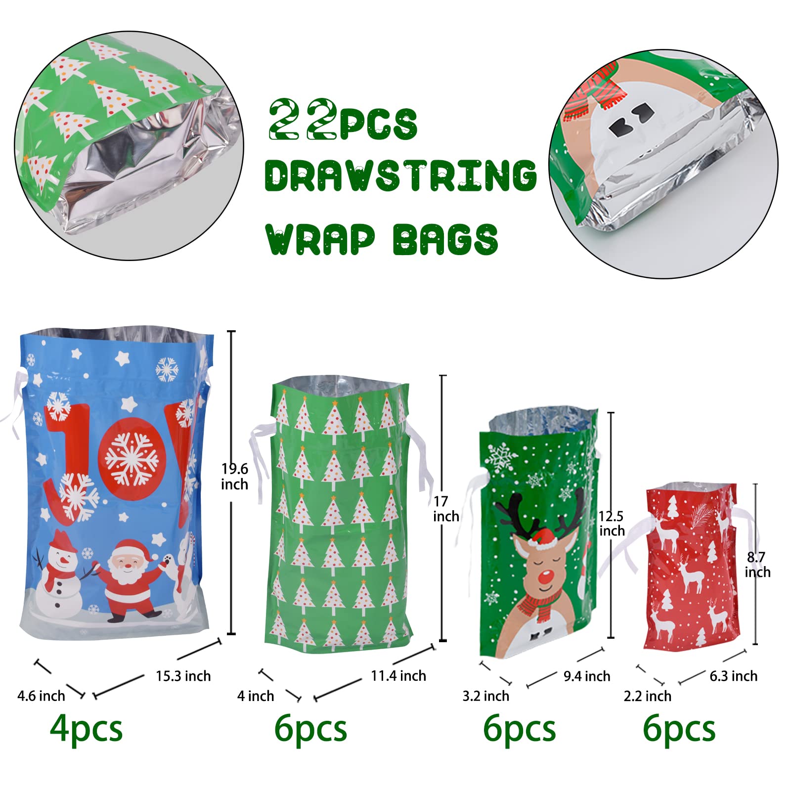 Christmas Gift Bags Assorted Sizes, 22pcs Drawstrings Christmas Bags For Gifts, Presents Wrapping Bags Favor Goody Bags Reusable Plastic Xmas Holiday Gift Bag Bulk Extra Large/Big/Medium/Small Size