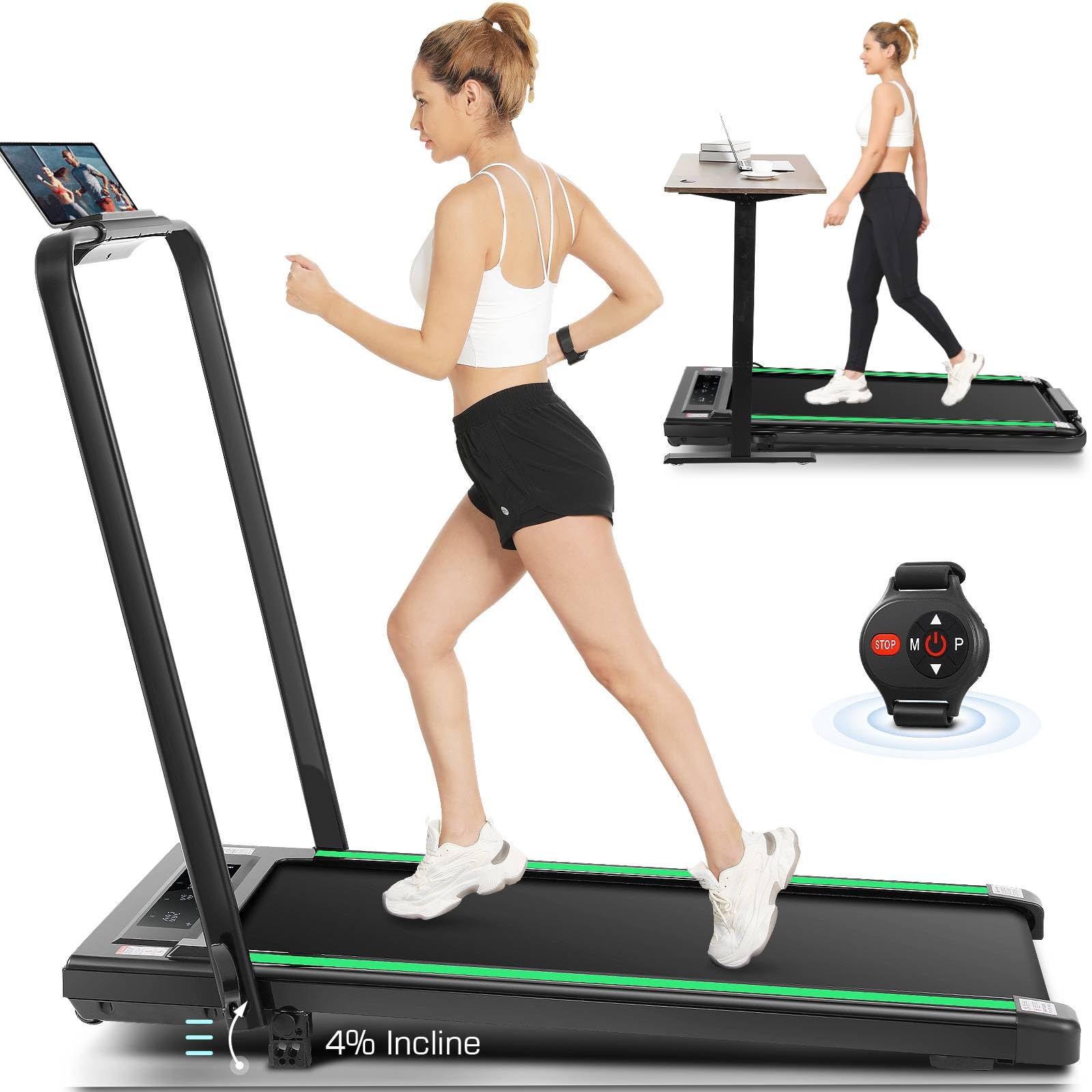 ANCHEER Folding Treadmill with Incline, 2.5HP Under Desk Treadmill for Home, 300lbs Low Noise Walking Pad with Remote Control and Handle Bar, Forest Green