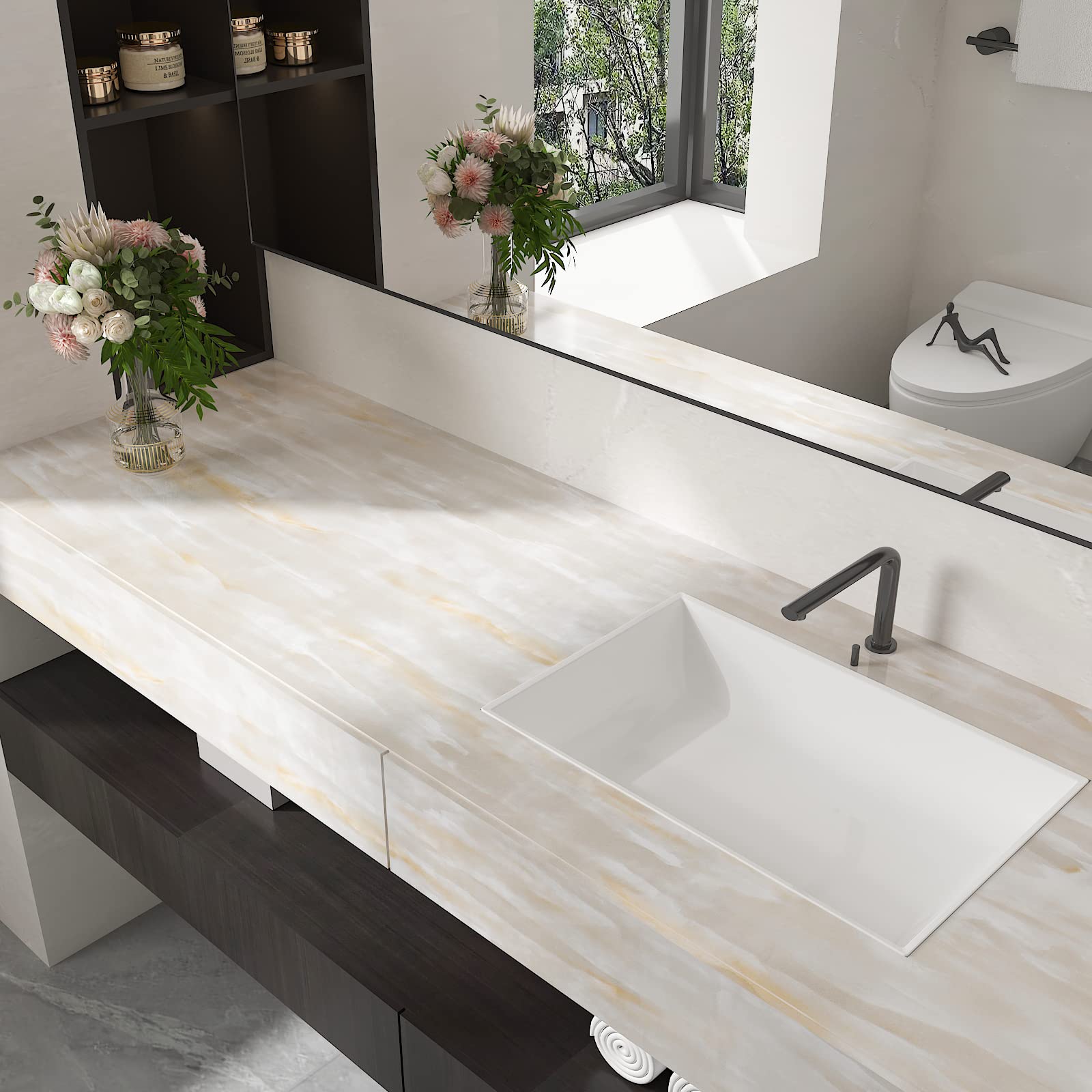 CHIHUT 17.7"x236" Beige Marble Countertop Peel and Stick Countertops Waterproof Self Adhesive Vinyl Beige Marble Wallpaper Glossy Removable Kitchen Wallpaper for Tables Countertop Covers Bathroom