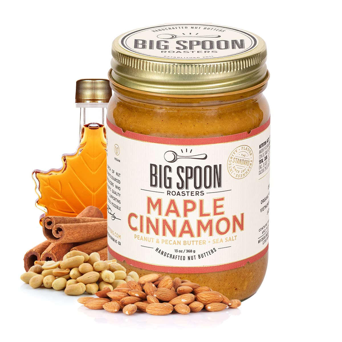 Big Spoon Roasters Maple Cinnamon Peanut & Pecan Butter - Low Sugar Peanut Butter - Creamy Peanut Butter w/Maple Syrup, Organic Peanuts & Pecans - Keto, Vegan, Palm Free Maple Nut Butter - 13 Ounces