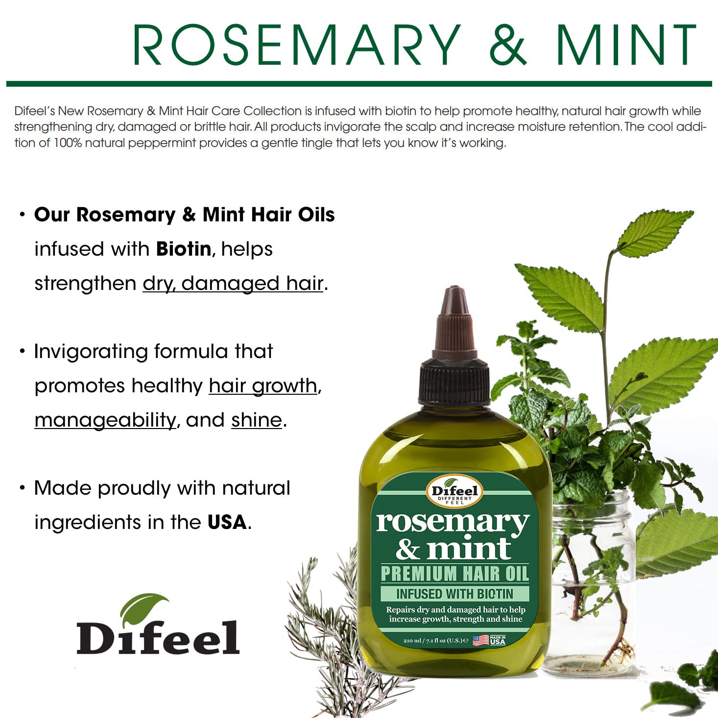 Difeel Rosemary and Mint Premium Hair Oil with Biotin 7.1 oz. - Natural Rosemary Oil for Hair Growth & Biotin