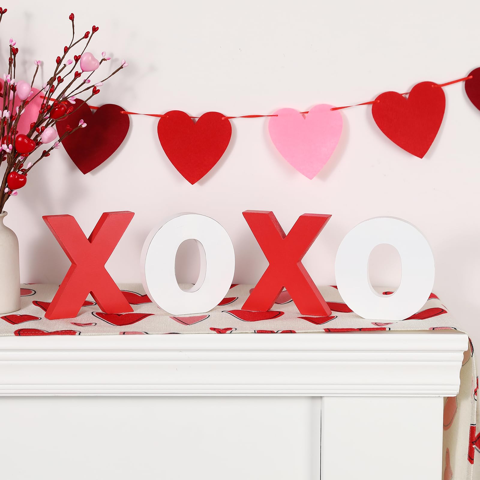 Valentines Day Decor-Wooden XOXO Tabletop Sign-Classic White Red Valentines Decorations for Home Table Shelf Mantel Fireplace Wedding Party Supplies