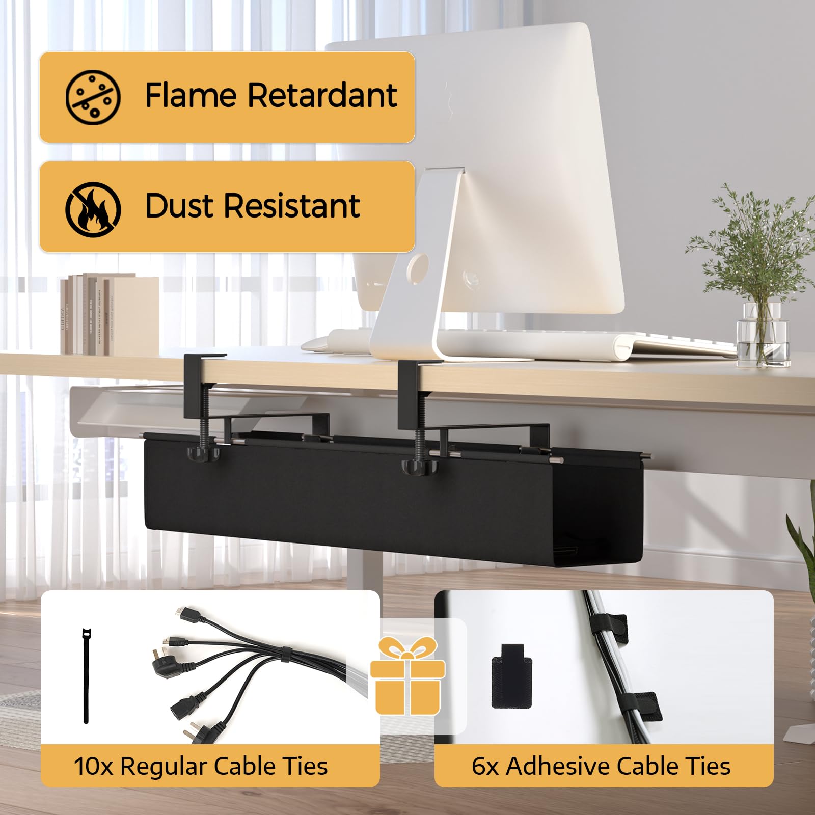 Under Desk Cable Management Tray - 27.2'' Desk Cord Organizer Clamp-on Computer Wire Organizer Cable Tray No Drill, with 16X Cable Ties Hide PC Cable Management for Office/Home,Fabric Desk Cord Holder