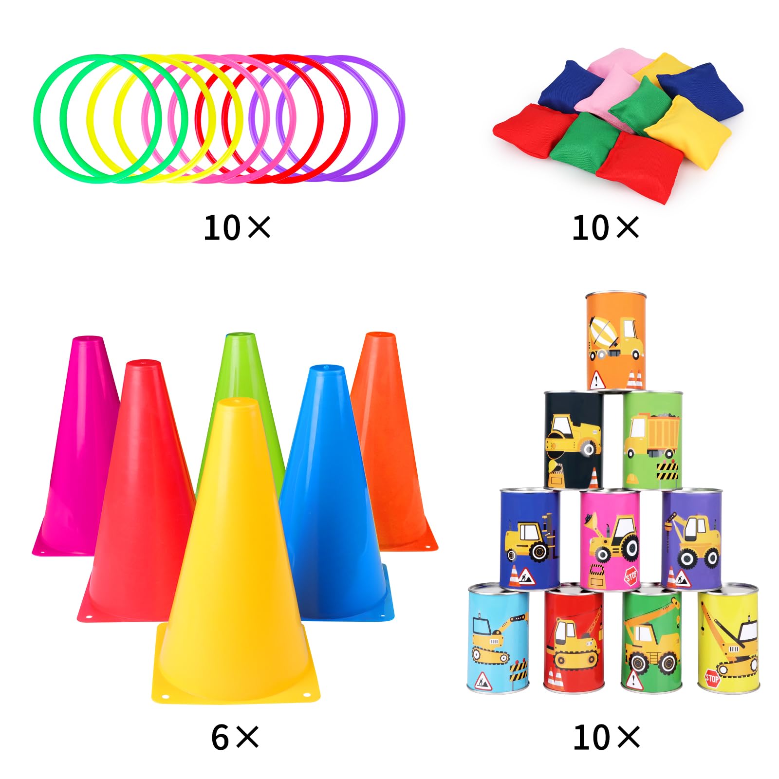 36 Pack Carnival Games Set, 4 in 1 Construction Truck Cans Soft Plastic Cones Cornhole Bean Bags Ring Toss Games Combo for Kids Adults Carnival Birthday Party School Indoor Outdoor Games Supplies