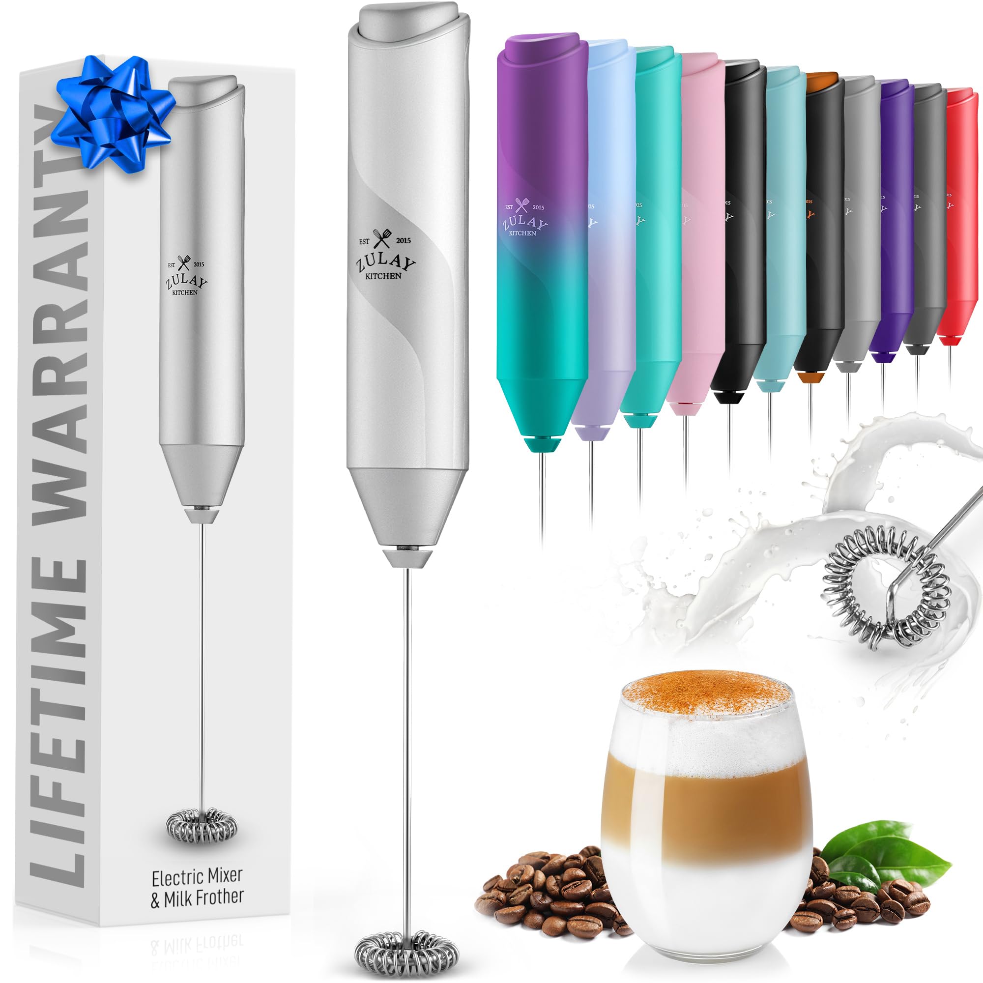 Zulay Kitchen Powerful Milk Frother Wand - Mini Milk Frother Handheld Stainless Steel - Battery Operated Drink Mixer for Coffee, Lattes, Cappuccino, Matcha - FrothMate Milk Frother Gift - Silver