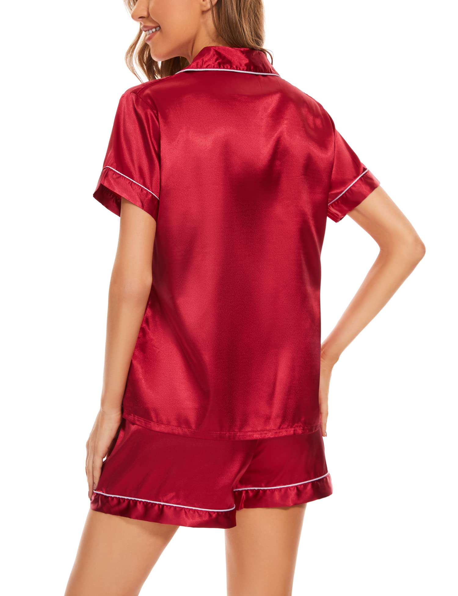 QLVKYW Women's Pajama Sets Silk Satin Sleepwear Button-Down Short Sleeve Pj Shirt and Shorts Loungewear for Pajamas Party Red