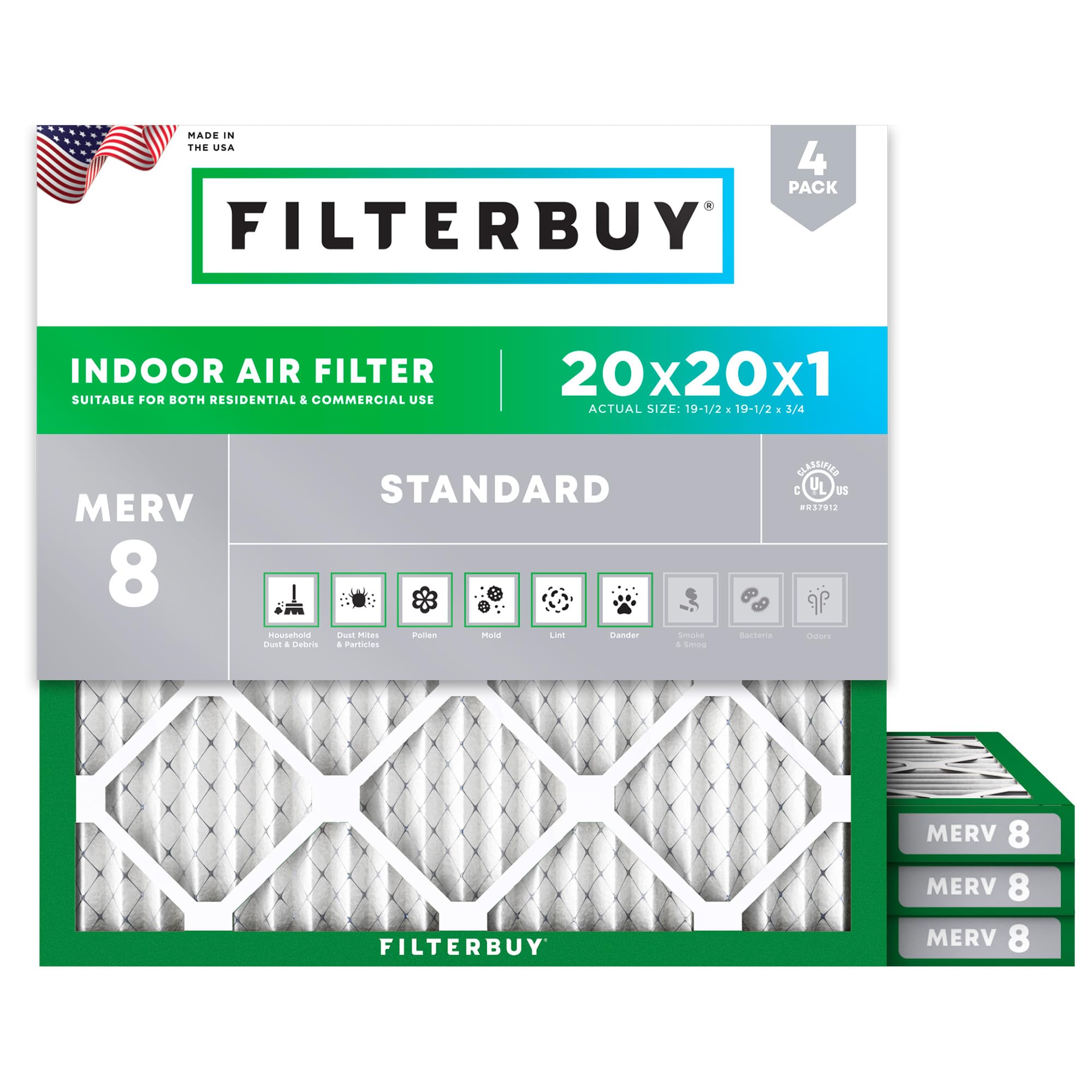 Filterbuy 20x20x1 Air Filter MERV 8 Dust Defense (4-Pack), Pleated HVAC AC Furnace Air Filters Replacement (Actual Size: 19.50 x 19.50 x 0.75 Inches)