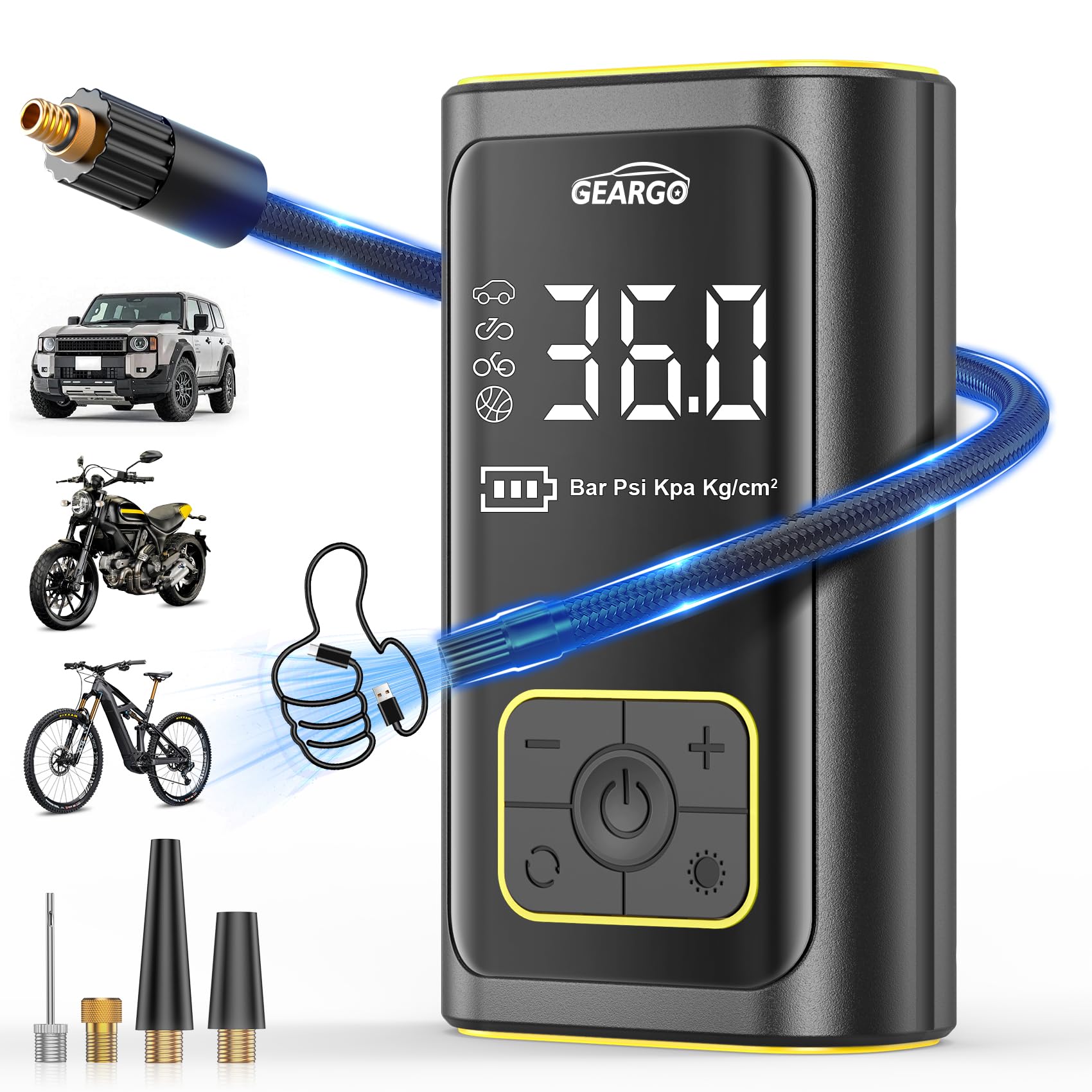 GEARGO Portable Tire Inflator Air Compressor 150PSI Cordless Air Pump for Car, Motorcycle, Bicycle Tires, Balls, 3X Faster Auto Smart Air Pump with Digital Pressure Gauge, LED Light, Black Yellow