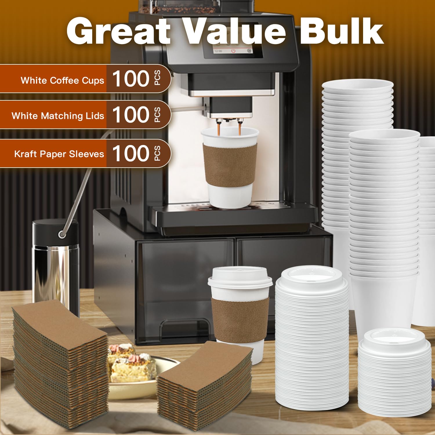 Ginkgo 100 Pack 12 oz Leak-Proof Coffee Cups with Lids and Sleeves Disposable Paper To Go Hot Coffee Cups for Home, Business, Office, Cafes and Parties