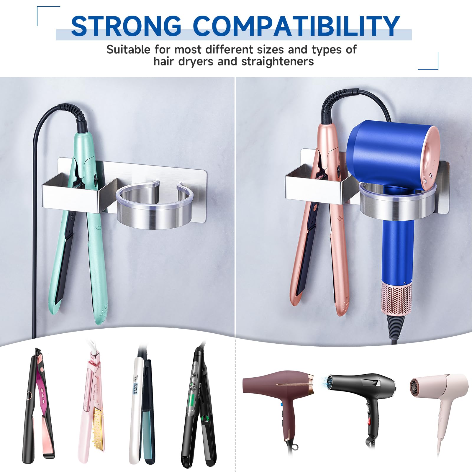 Hair Dryer Holder Wall Mounted, Hair Straightener Holder, Stainless Steel Blow Dryer Holder, Hair Tool Organizer for Hairdryer Holder Storage, Adhesive Curling Iron Holder for Bathroom Vanity