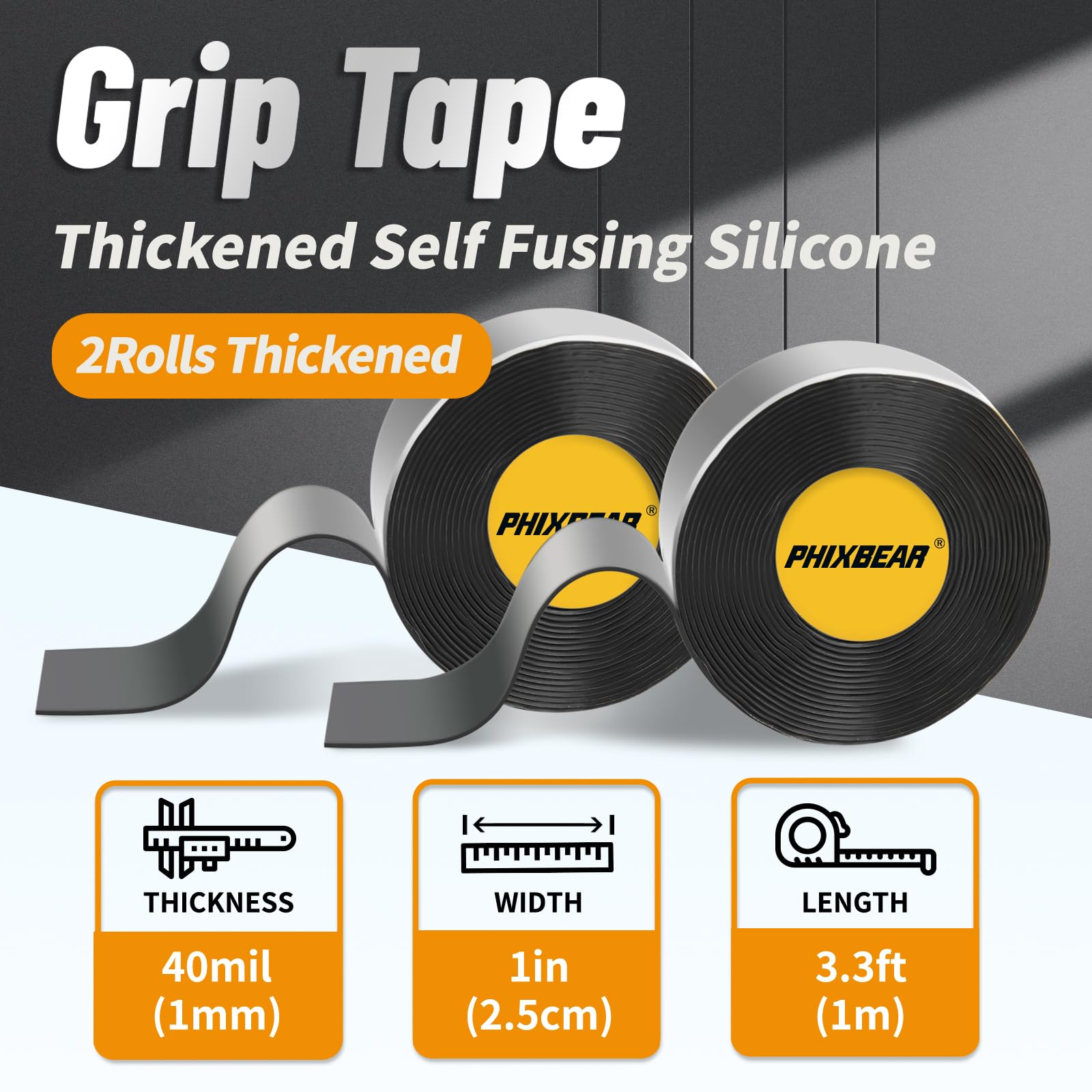 PHIXBEAR 2 Rolls Bike Handlebar Tape, Baseball Bat Grip Tape, Self Fusing Silicone Tape, 1in X 3.3FT