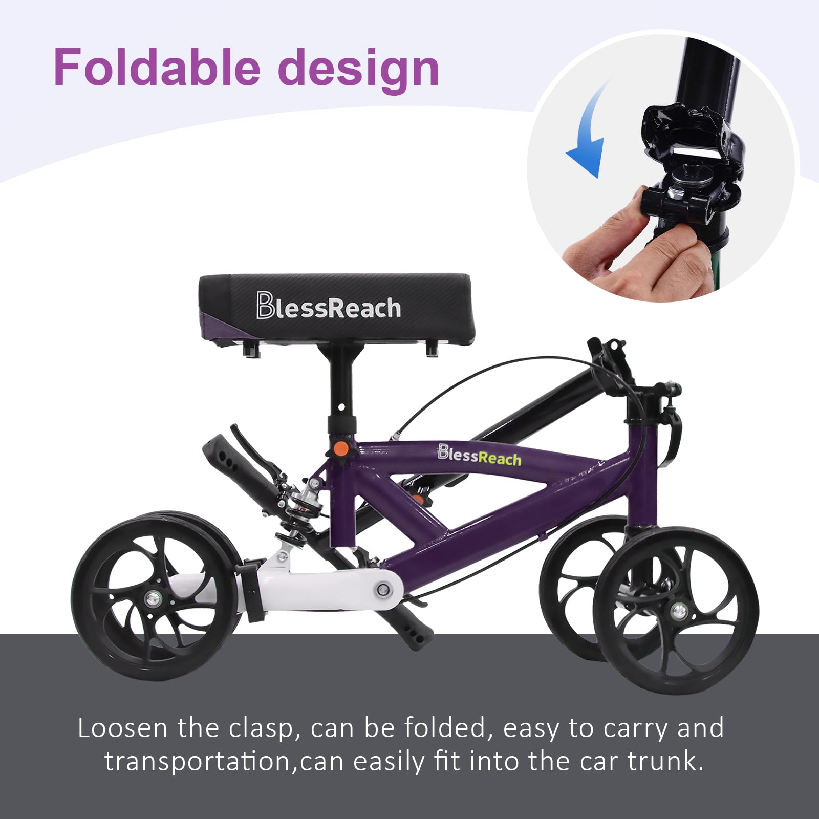 BlessReach Steerable Knee Walker Deluxe Medical Scooter for Foot Injuries Compact Crutches, with Dual Rear on-Wheel Brake and Shock Absorption Under The Knee pad（Purple）