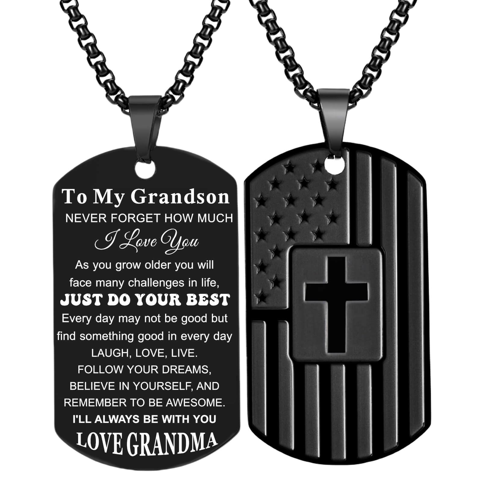 Coolvy To My Grandson Necklace from Grandma, Dog Tag Cross Necklace for Men, Birthday Graduation Back To School Christmas Gifts for Grandson (Grandson Gifts From Grandma - Never, Black)