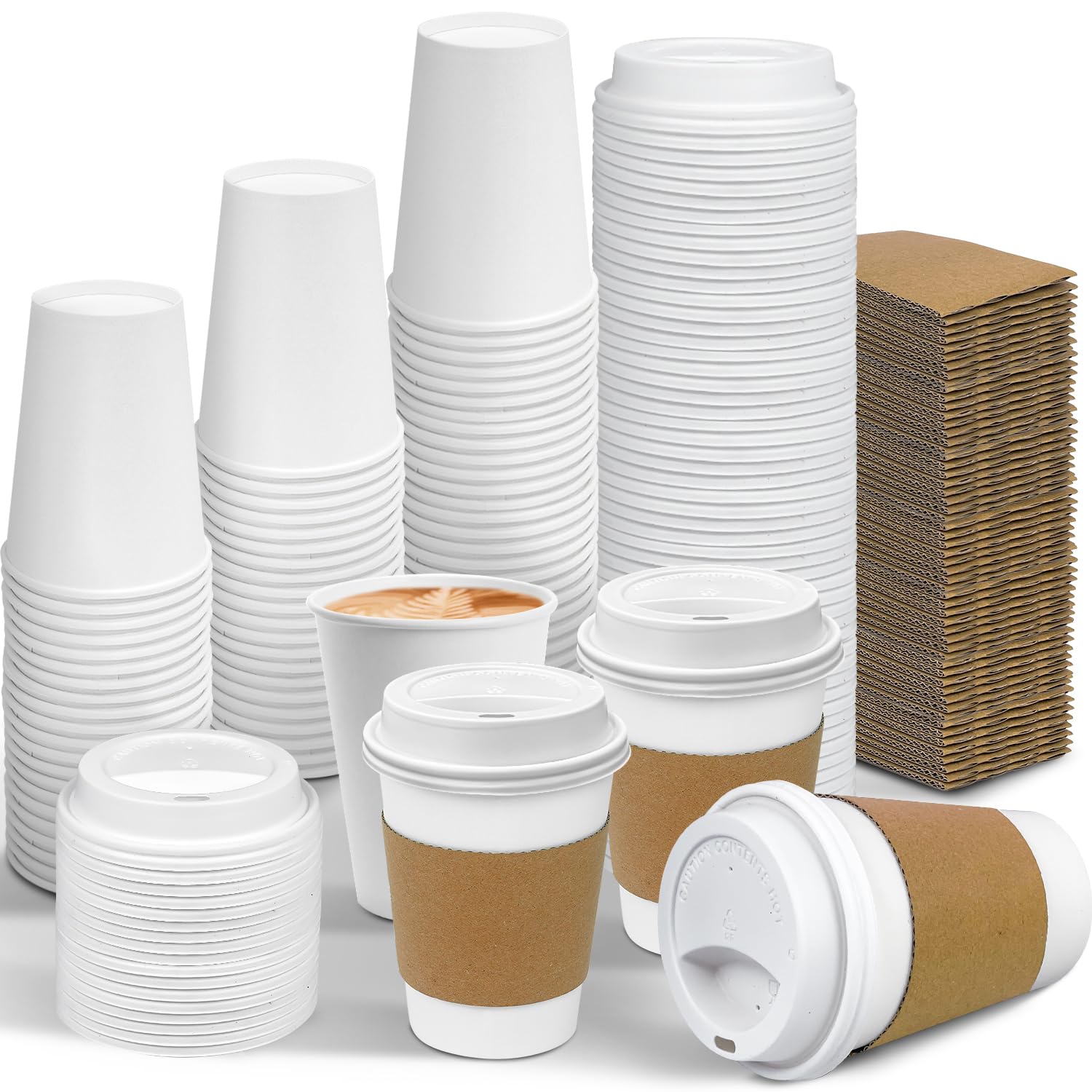 Ginkgo 100 Pack 12 oz Leak-Proof Coffee Cups with Lids and Sleeves Disposable Paper To Go Hot Coffee Cups for Home, Business, Office, Cafes and Parties