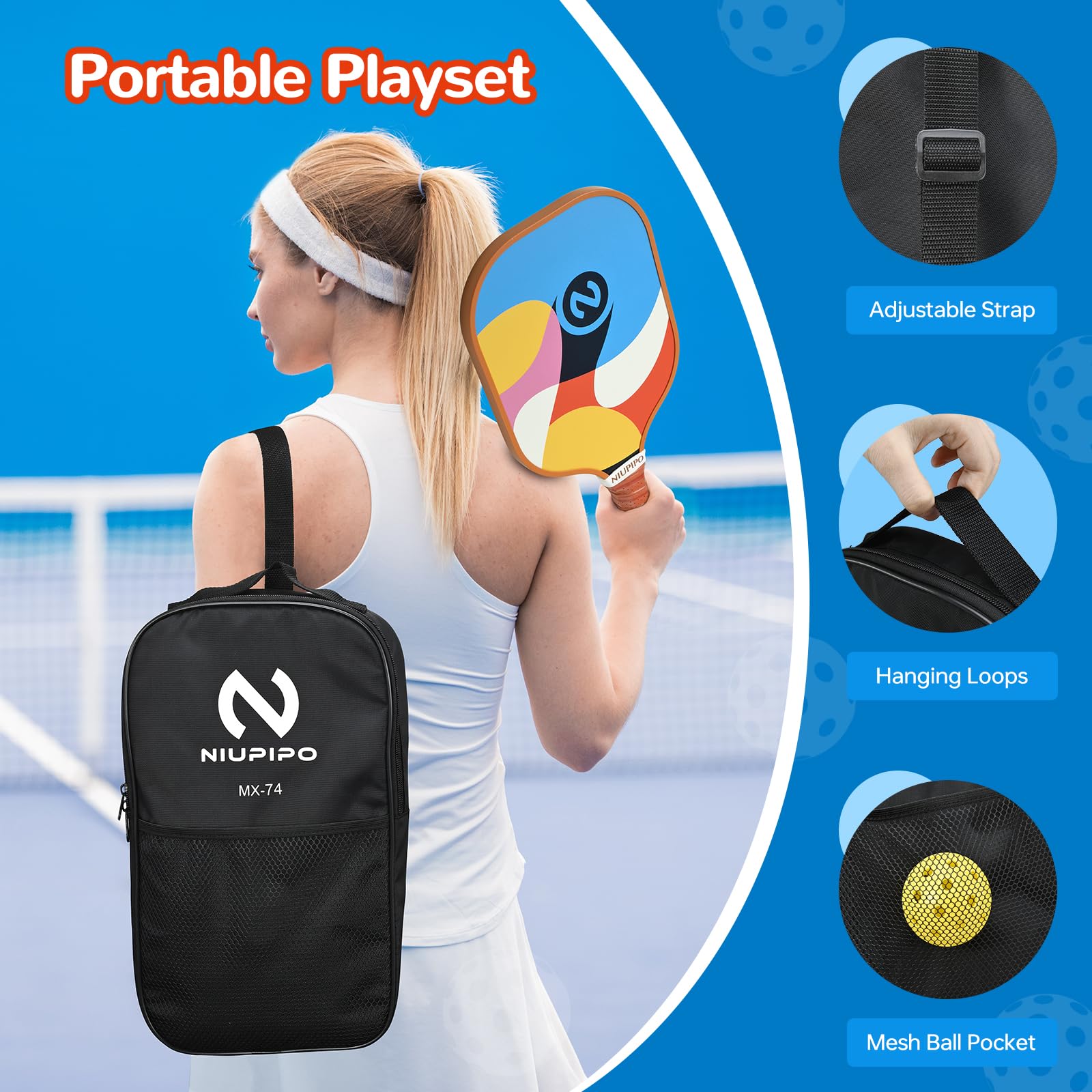 niupipo Pickleball Paddles, Fiberglass Surface Pickleball Set, Lightweight Pickleball Rackets Set with 2 Indoor & 2 Outdoor Pickleball Balls and 1 Bag, Pickle Ball Paddle Set of 2 for Men, Women