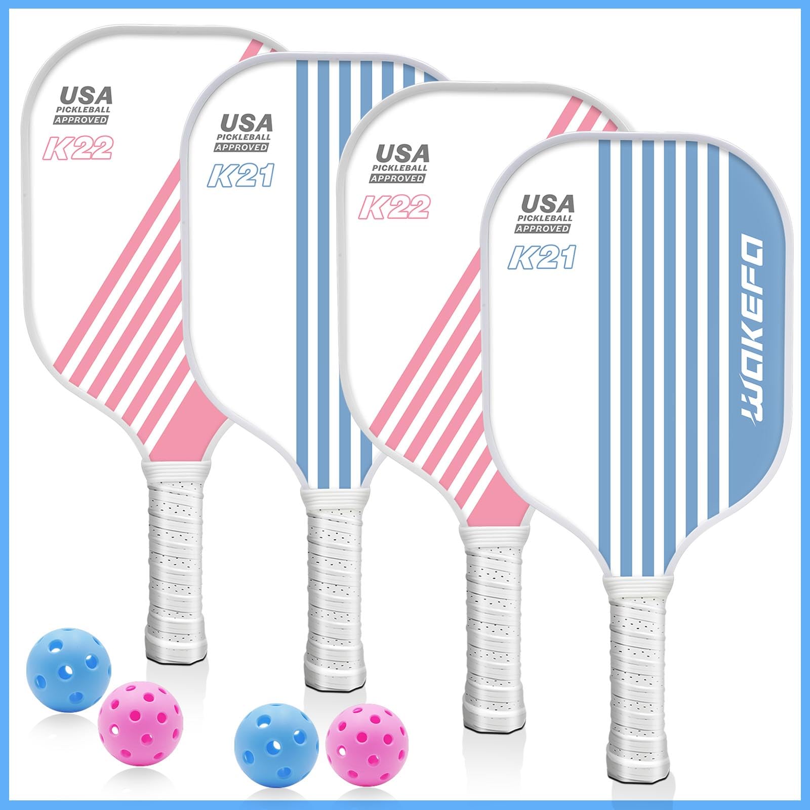 Wakefa Fiberglass Pickleball Paddles Set of 4: Cute Cool Best Pickleball Paddles Pink, USAPA Approved Pickleball Rackets with 4 Pickleball Balls & 1 Carry Bag Gifts for Women, Pickleball Racquet