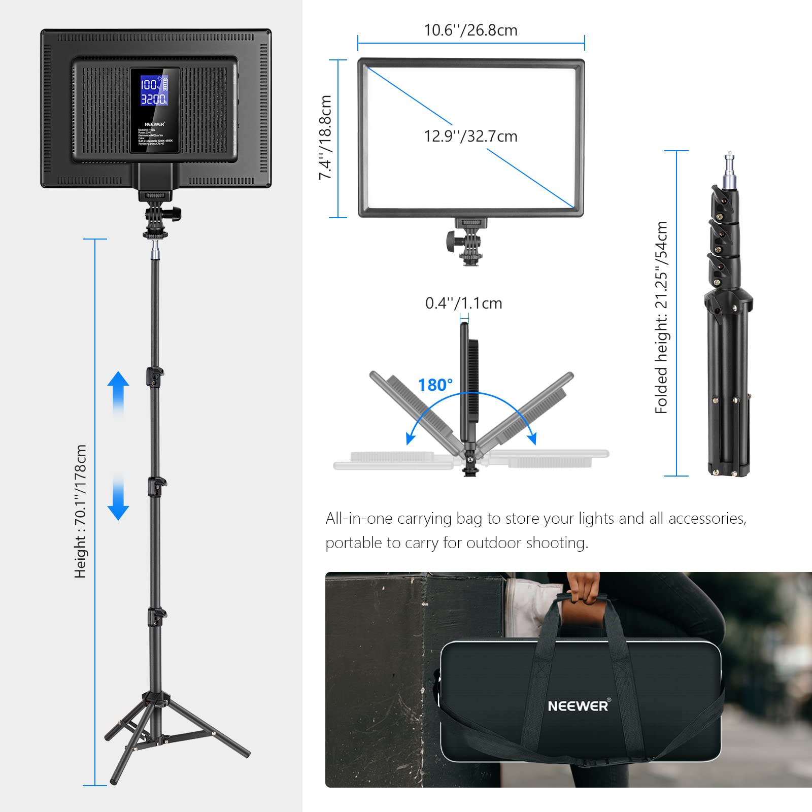 Neewer 13" Led Video Light Panel Lighting Kit, 2-Pack Dimmable Bi-Color Soft Lights with Light Stand, Built-in 8000mAh Battery, 3200K~5600K CRI 97+ 2400Lux for Game/Live Stream/YouTube/Photography