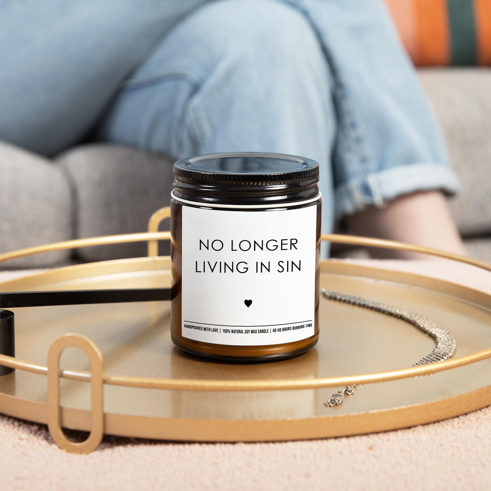 No Longer Living in Sin - Unique Couple Wedding Gift for Bride and Groom - His and Hers Anniversary Present Husband and Wife - Funny Engagement Gifts for Him and Her - 9 oz Soy Wax Candle