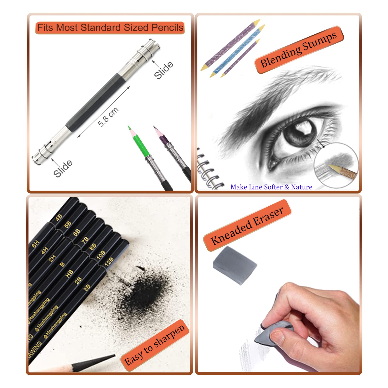 Heshengping Drawing Pencils Sketch Pencil Art Supplies Set for Kids Adults beginners Professional Sketching Art Graphite Charcoal Blending Stump Pencils kit