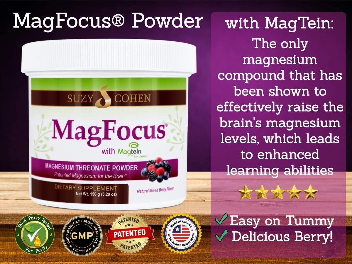 Suzy Cohen MagFocus Magnesium L-Threonate Powder with Magtein (Mixed Berry) Plus Magnesium Glycinate for Wellness, Focus, and Cognition - Gluten-Free, Non-GMO, Vegetarian (60 Servings)