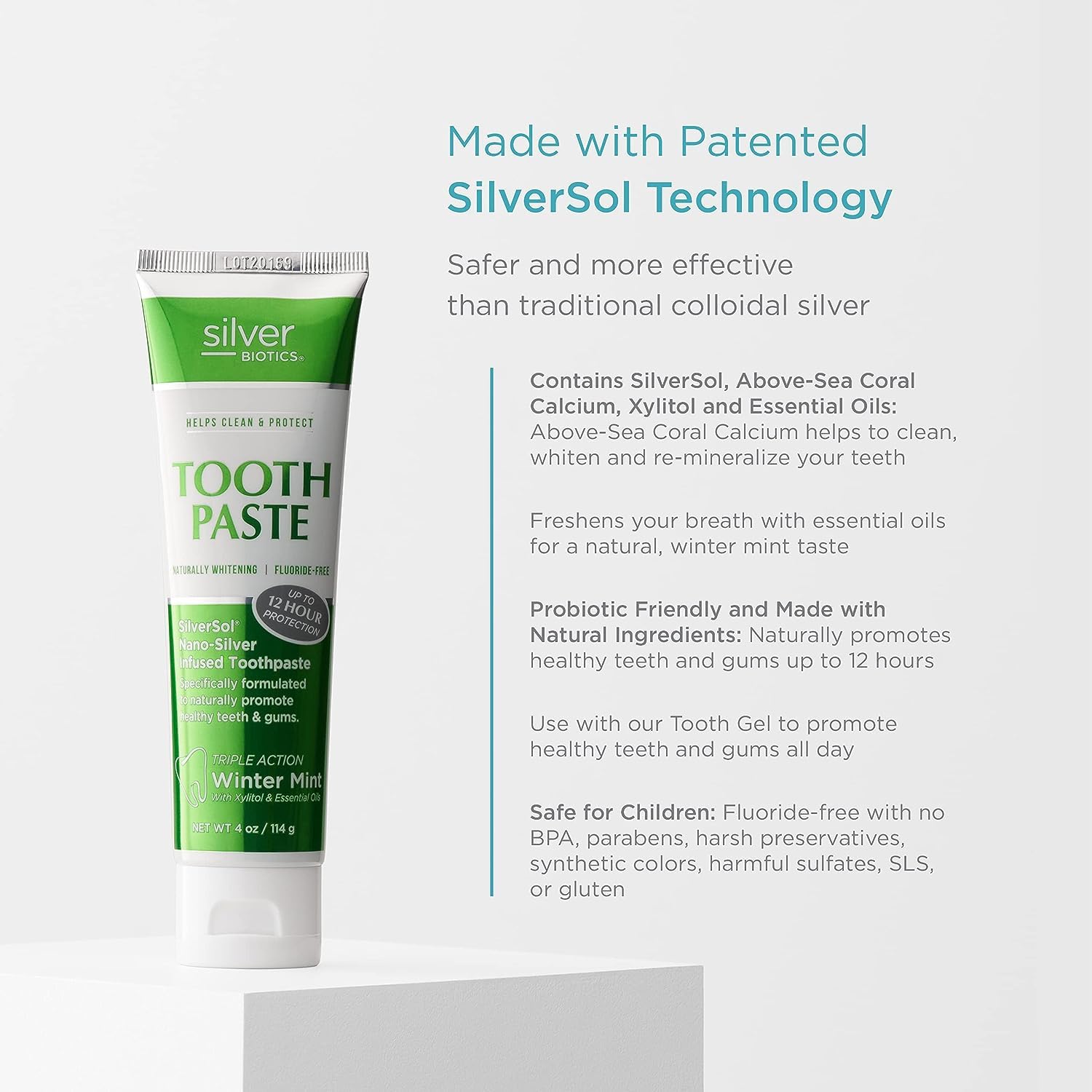 Silver Biotics Tooth Paste | SilverSol Ag₄O₄ 20 ppm Nano-Silver Infused + Above-Sea Coral Calcium | Naturally Whitening | Flouride-Free | Winter Mint | 4 oz