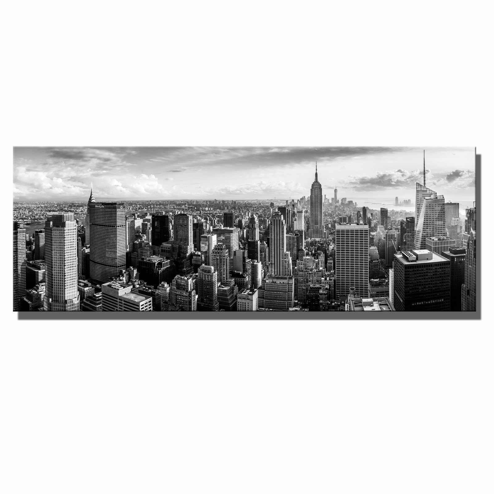 LevvArts New York Canvas Wall Art Black and White City Skyline Picture Panoramic Photo Canvas Print Modern Home Office Living Room Wall Decoration Ready to Hang 20"x55"