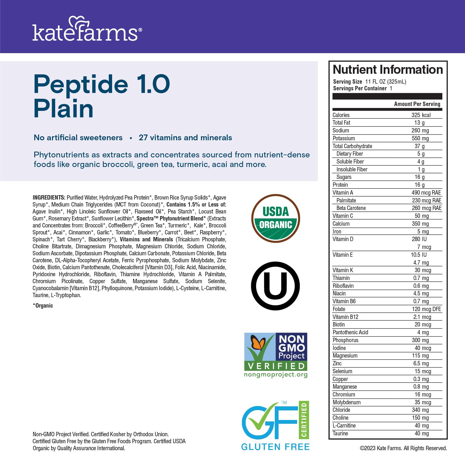 KATE FARMS Organic Adult Peptide 1.0 Formula, Plain, Sole-Source, Hydrolyzed Plant-Based Nutrition for Oral or Tube Feeding, 11 Fl oz (12 Pack)