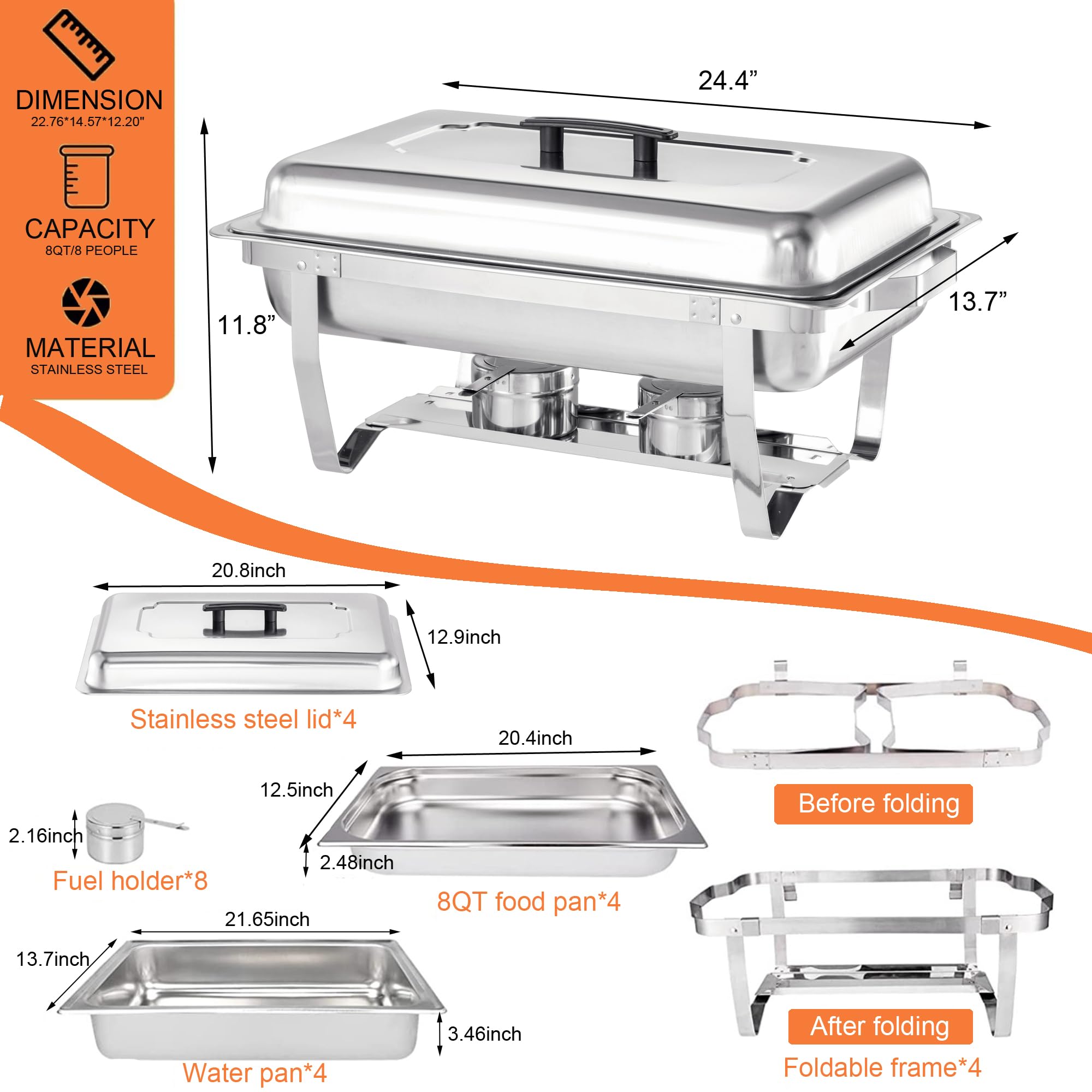 MRIISEL Chafing Dish Buffet Set - 4 Pack, 8 Quart Stainless Steel Chafer Buffet Servers and Warmers Set with Folding Frame for Weddings, Parties, Banquets, and Catering Eventst