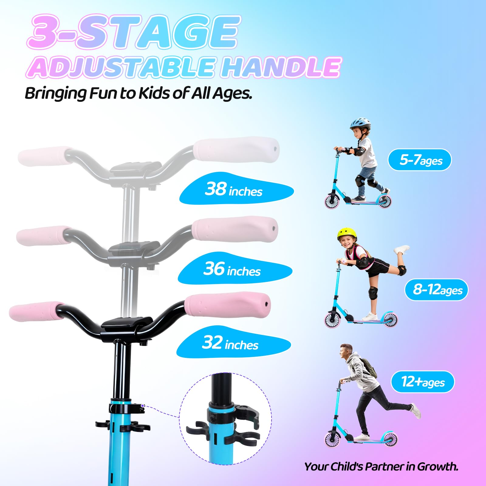 Nattork Kick Scooter for Teens Adults, Max Load 240 LBS, Adjustable Height Foldable with 8" Large Wheels, Anti-Shock Suspension Blue