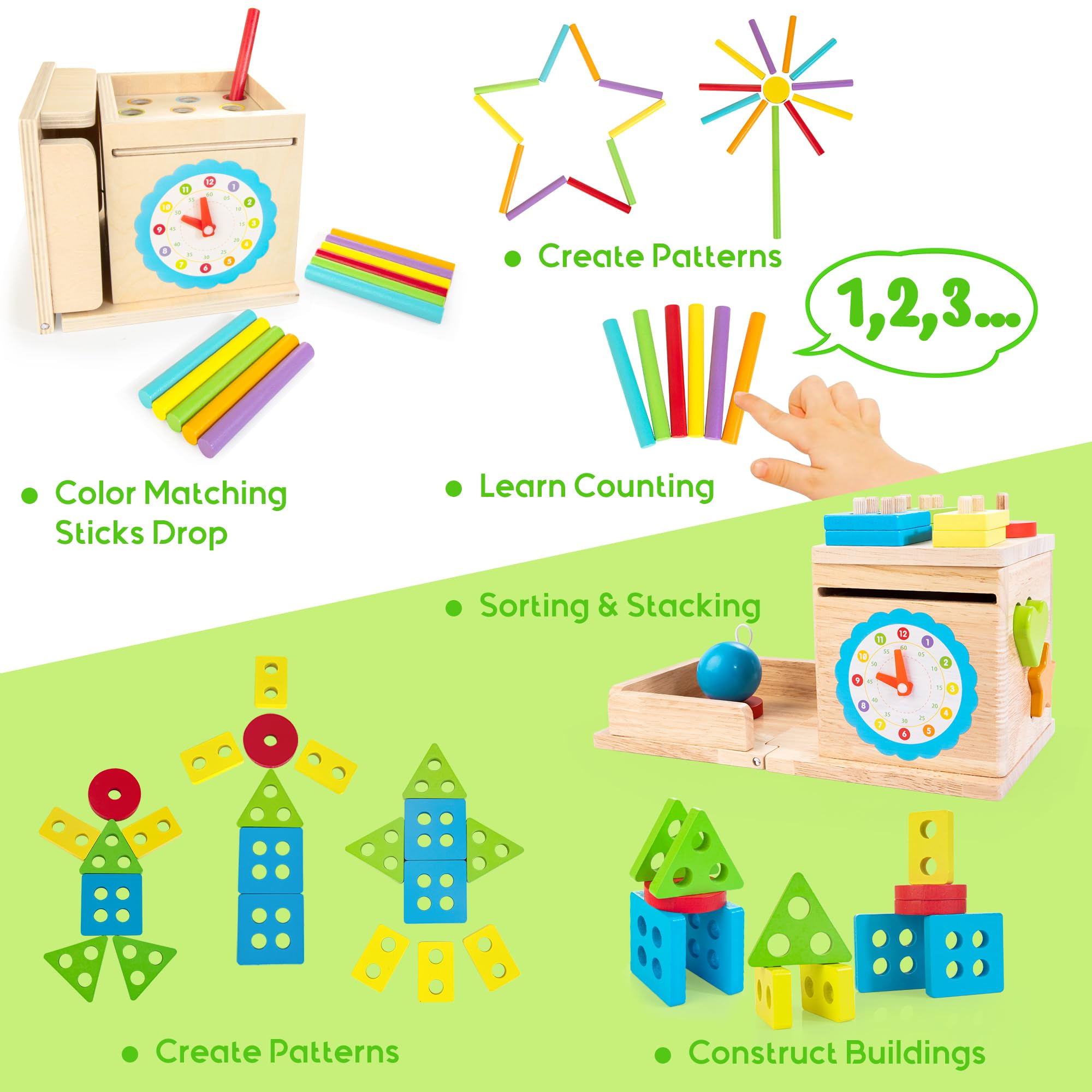 JUSTWOOD Montessori Toys for 1+ Year Old, 8-in-1 Wooden Play Kit Includes Object Permanent Box, Learning Activity Cube, Sorting & Stacking Toy, Carrot Harvest Game, Gift for Boys Girls Age 12+ Months