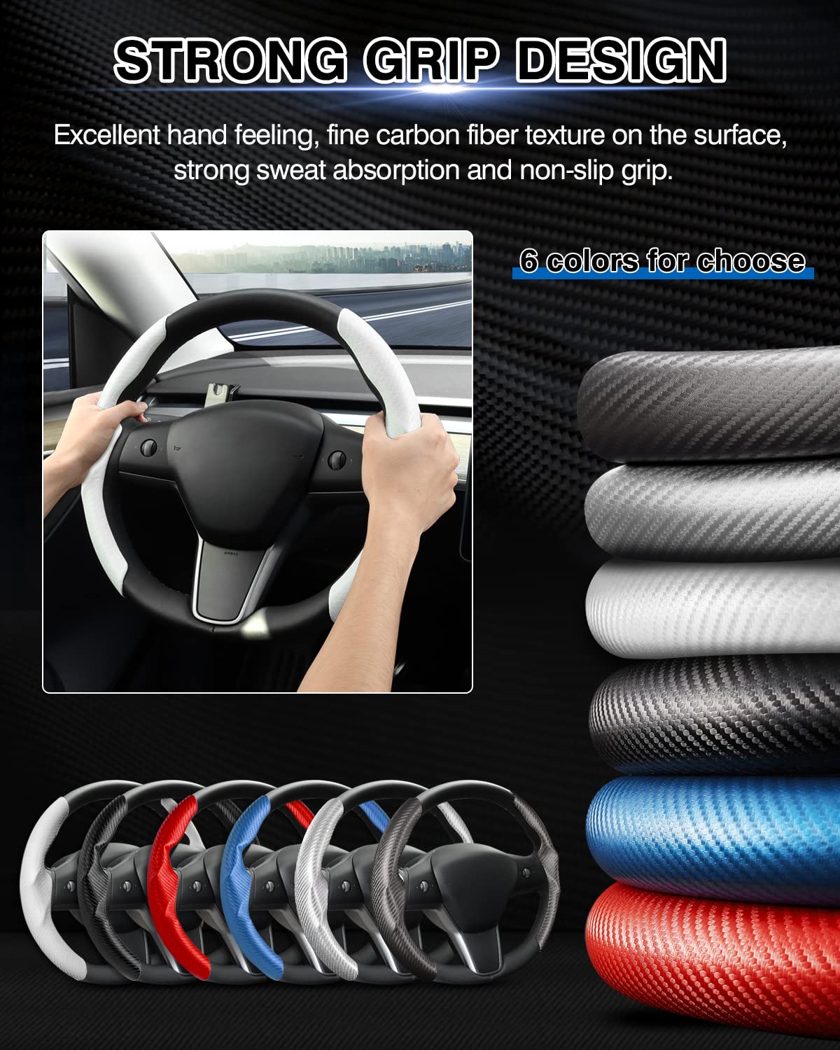 Canvcle Custom-Fit Steering Wheel Cover for Tesla, Telsa Model 3 / Y Carbon Fiber Steering Wheel Cover for Men/Women, Anti-Slip, Comfortable Grip, Breathable, Model 3 / Y Accessories (White)