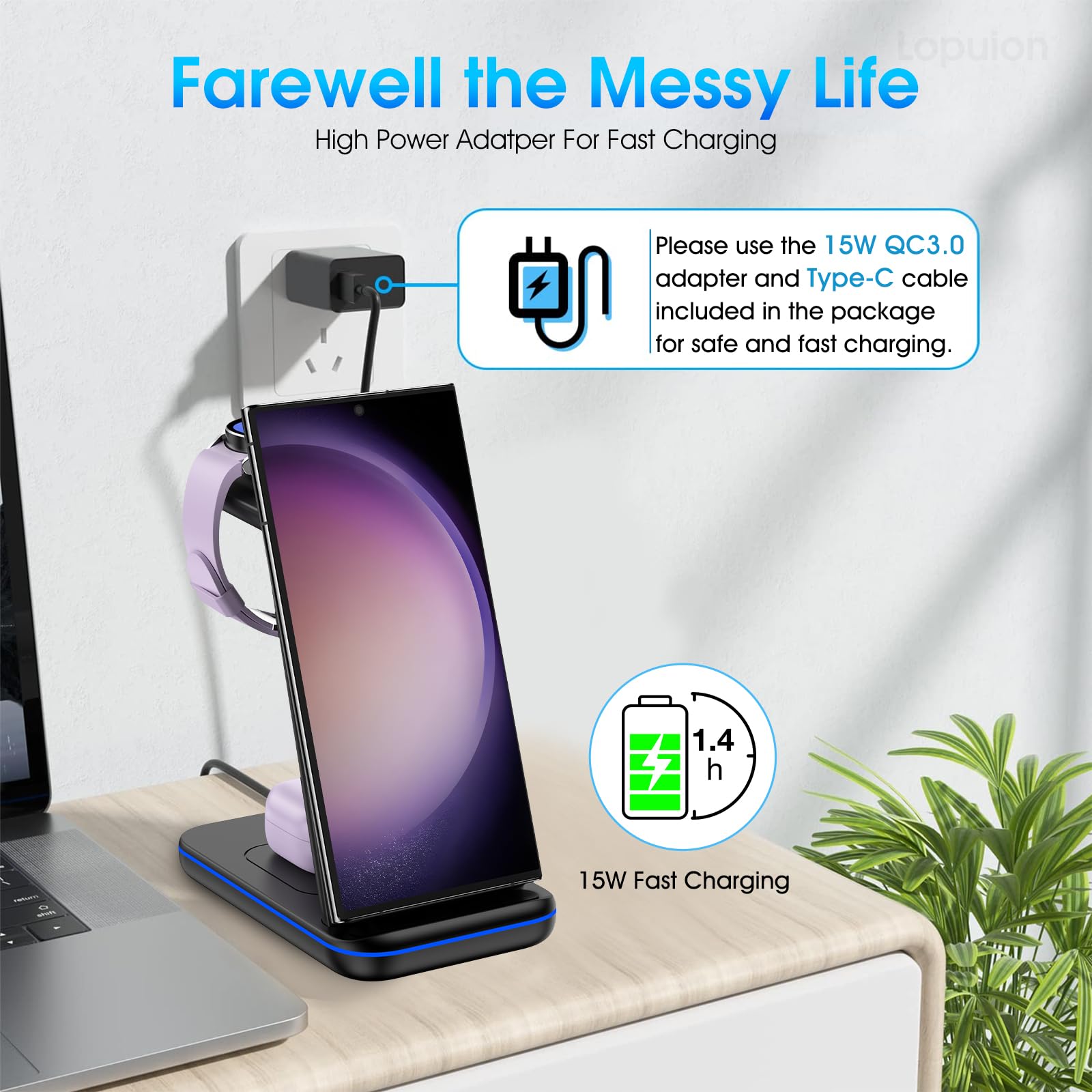 Wireless Charging Station for Samsung/Android, Fast Wireless Watch Charger Stand/Station Compatible for Samsung Galaxy S24/S23+/S22/Z Flip 6/5 Fold 6/5, Watch7/6/5/Pro/4/Active 1/2 Galaxy Buds3/2 Pro